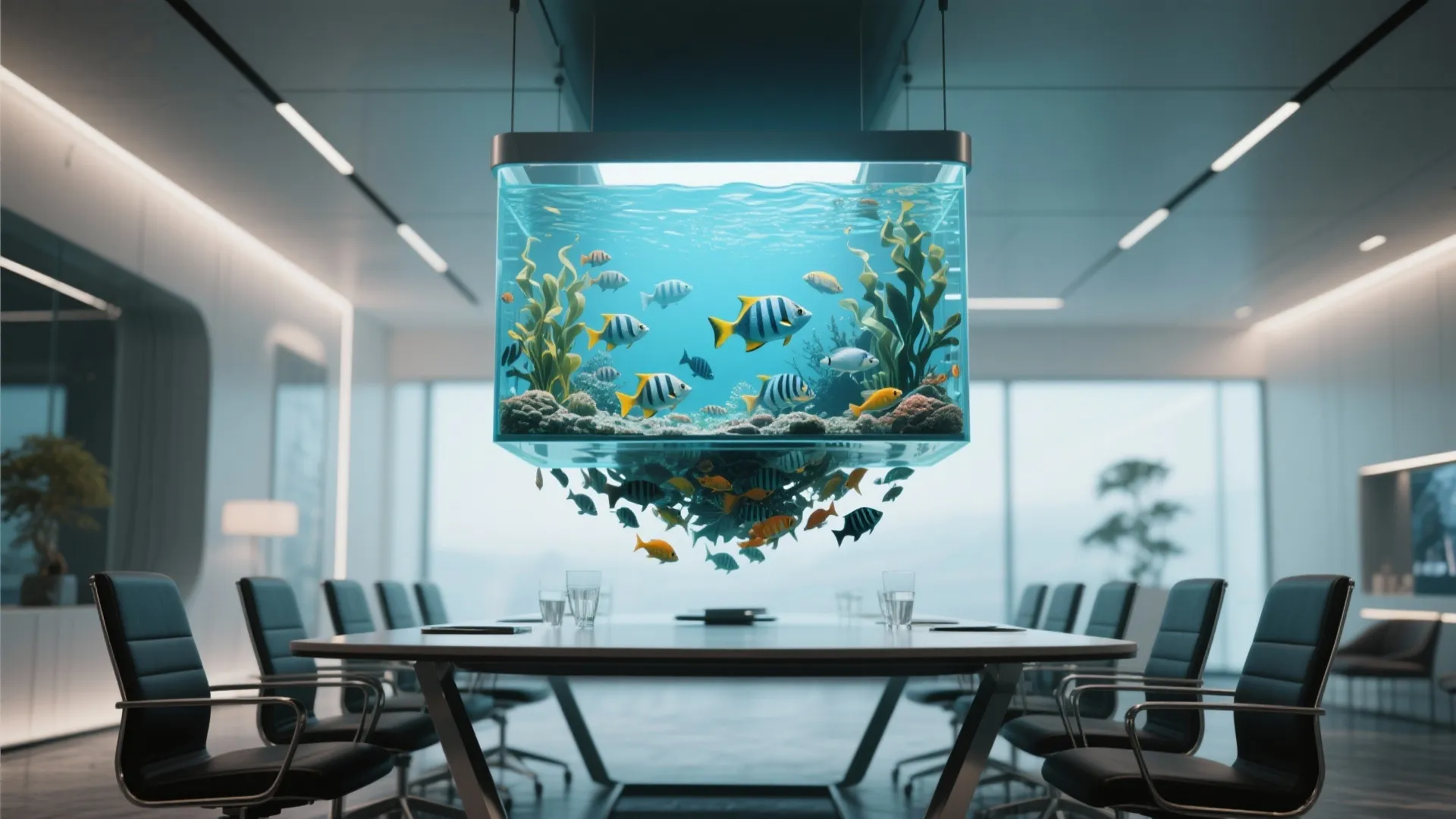 Unique hanging fish tank over a conference room table with black chairs in an office