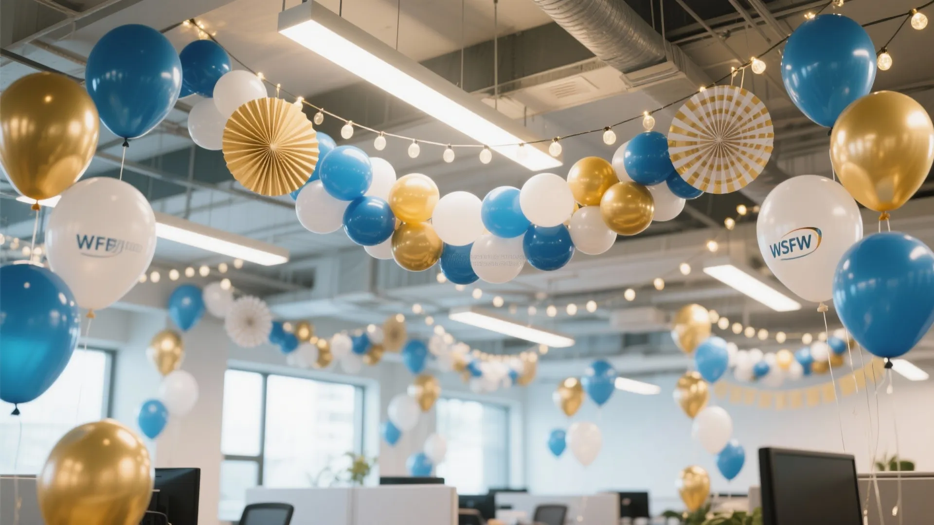 Modern office interior decorated with hanging blue white and gold balloon garlands and string lights