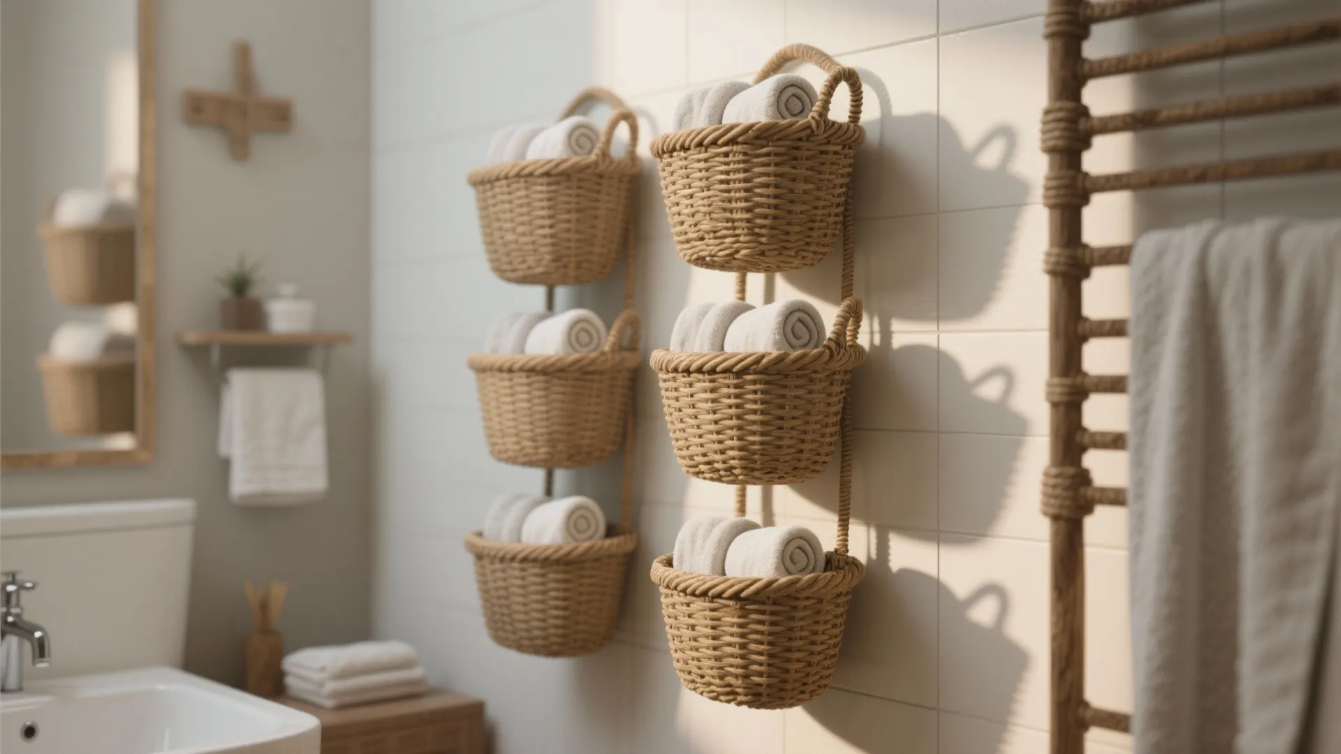 Woven hanging baskets filled with rolled white towels on a tiled bathroom wall with lighting