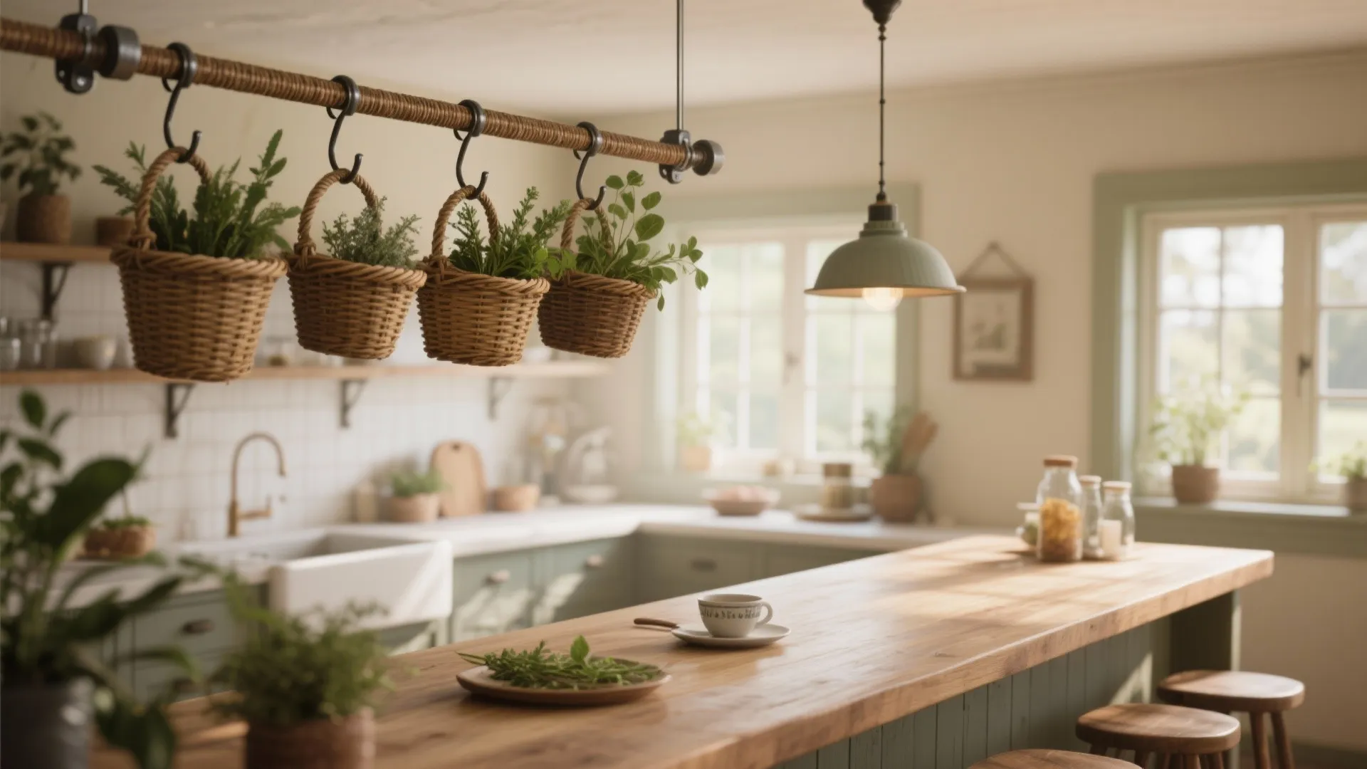 Four woven baskets with green plants hanging from ceiling rod over a wooden kitchen island