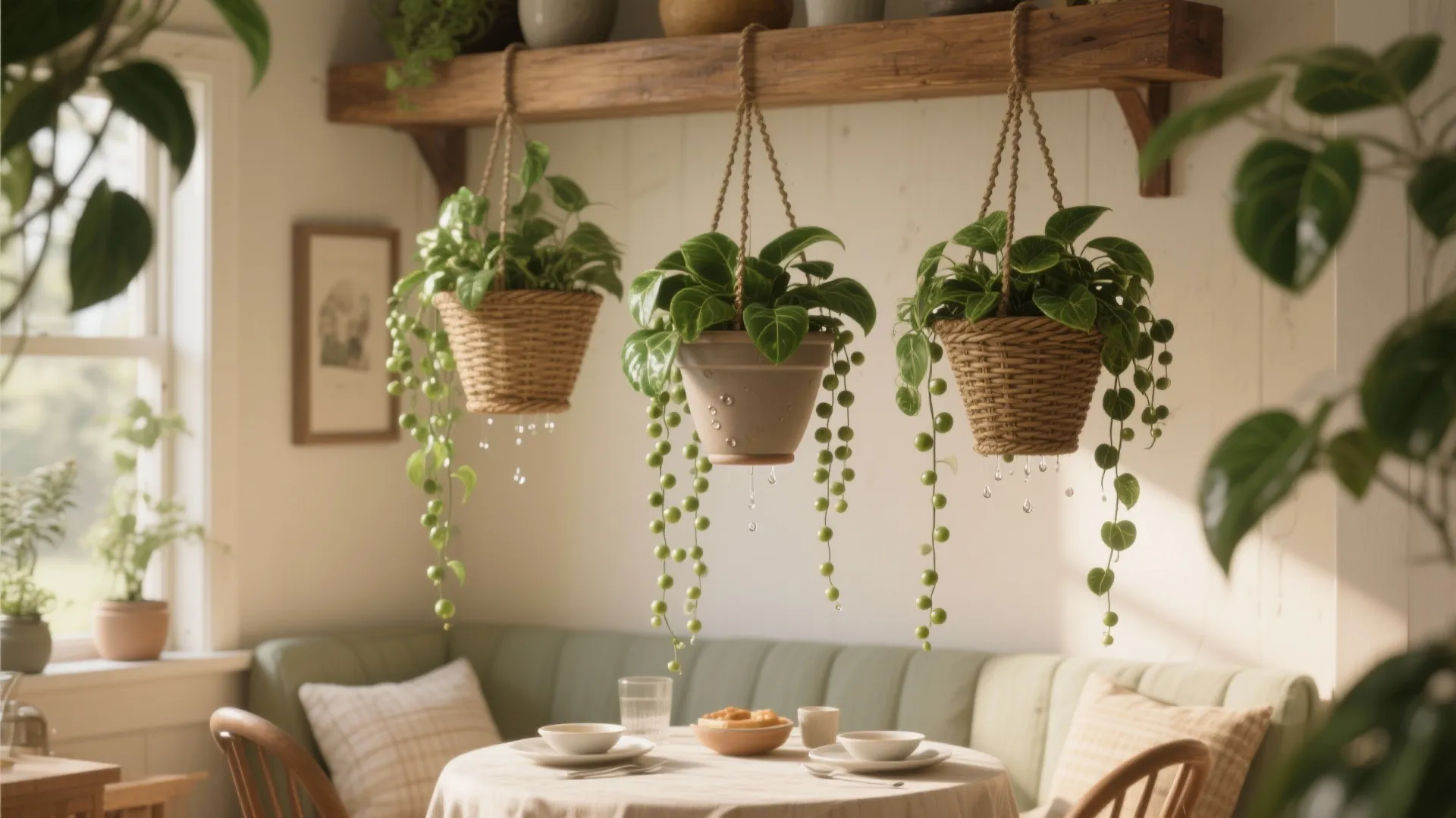 Three hanging plants in baskets over a dining table with a green sofa and pillows