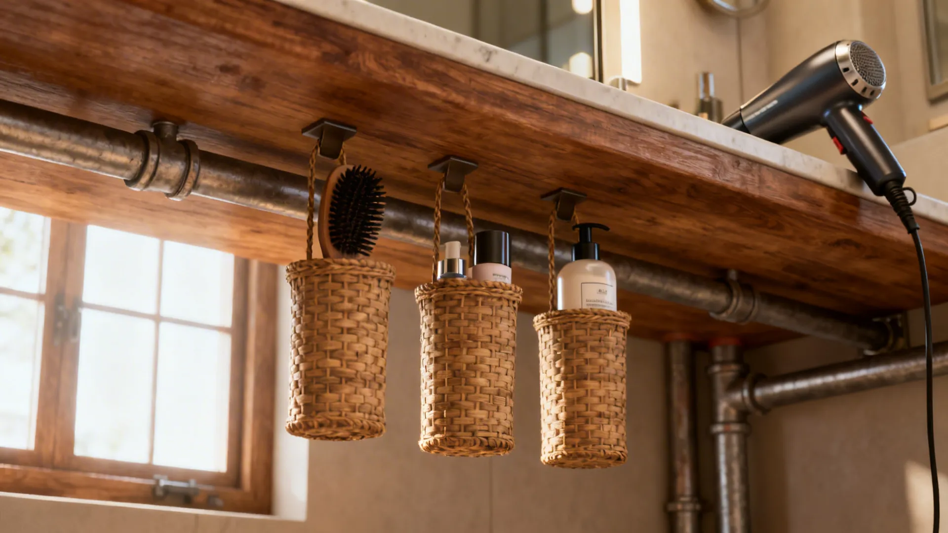 Under-sink area with woven hanging baskets storing small toiletries under the counter.