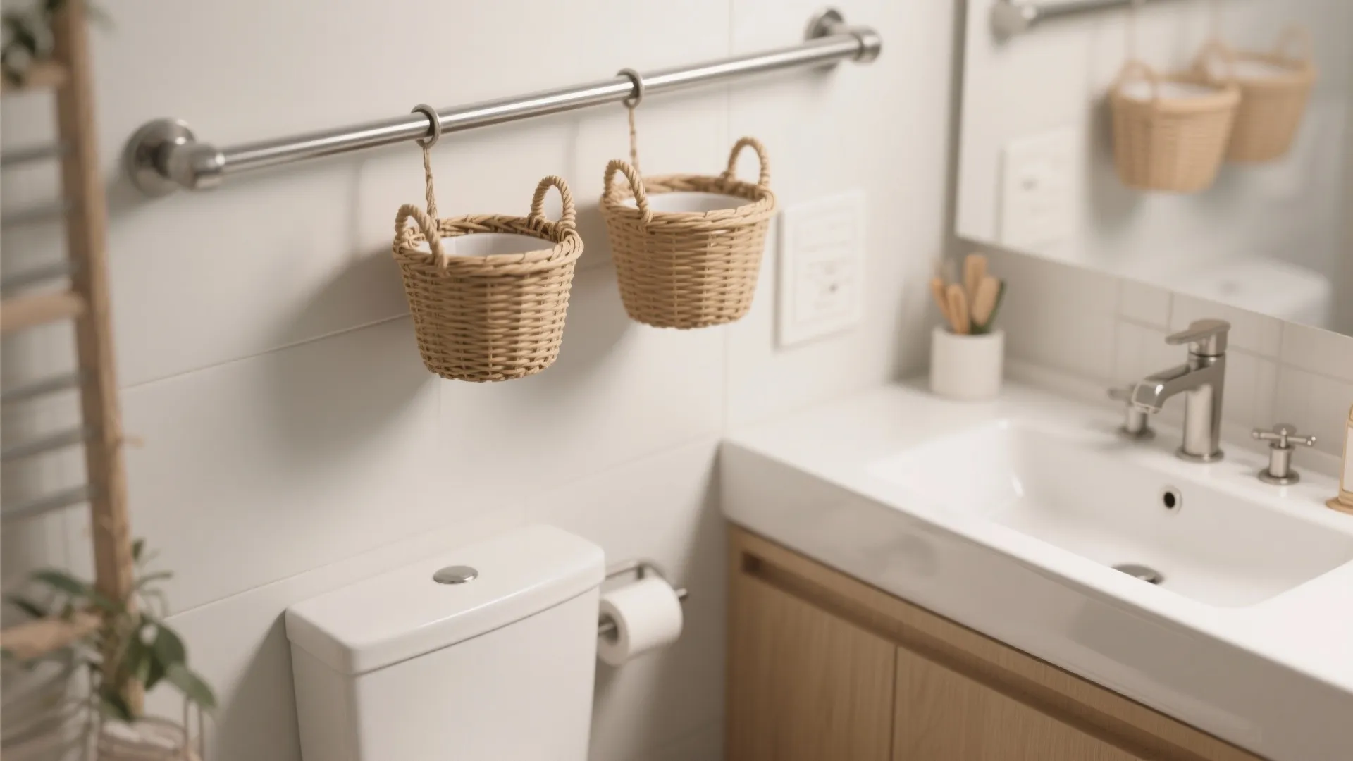 8. Hanging Baskets from Tension Rods