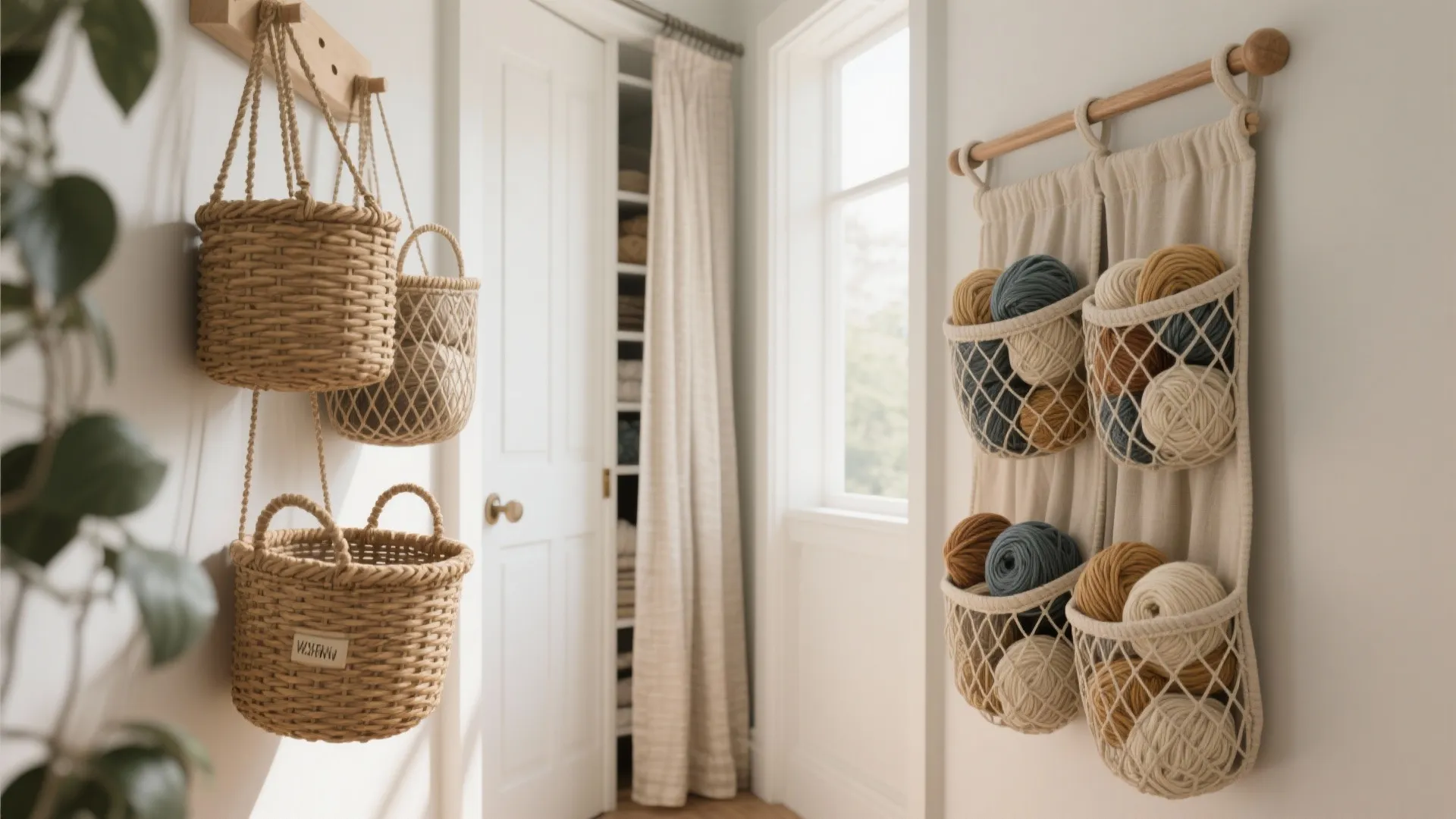 Woven hanging baskets and fabric wall pockets storing colorful yarn balls in a bright room