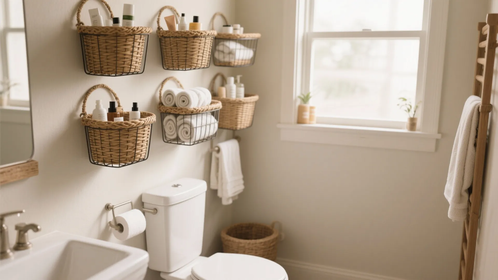 Bathroom wall storage with hanging woven baskets for toiletries, towels, white toilet, and window light