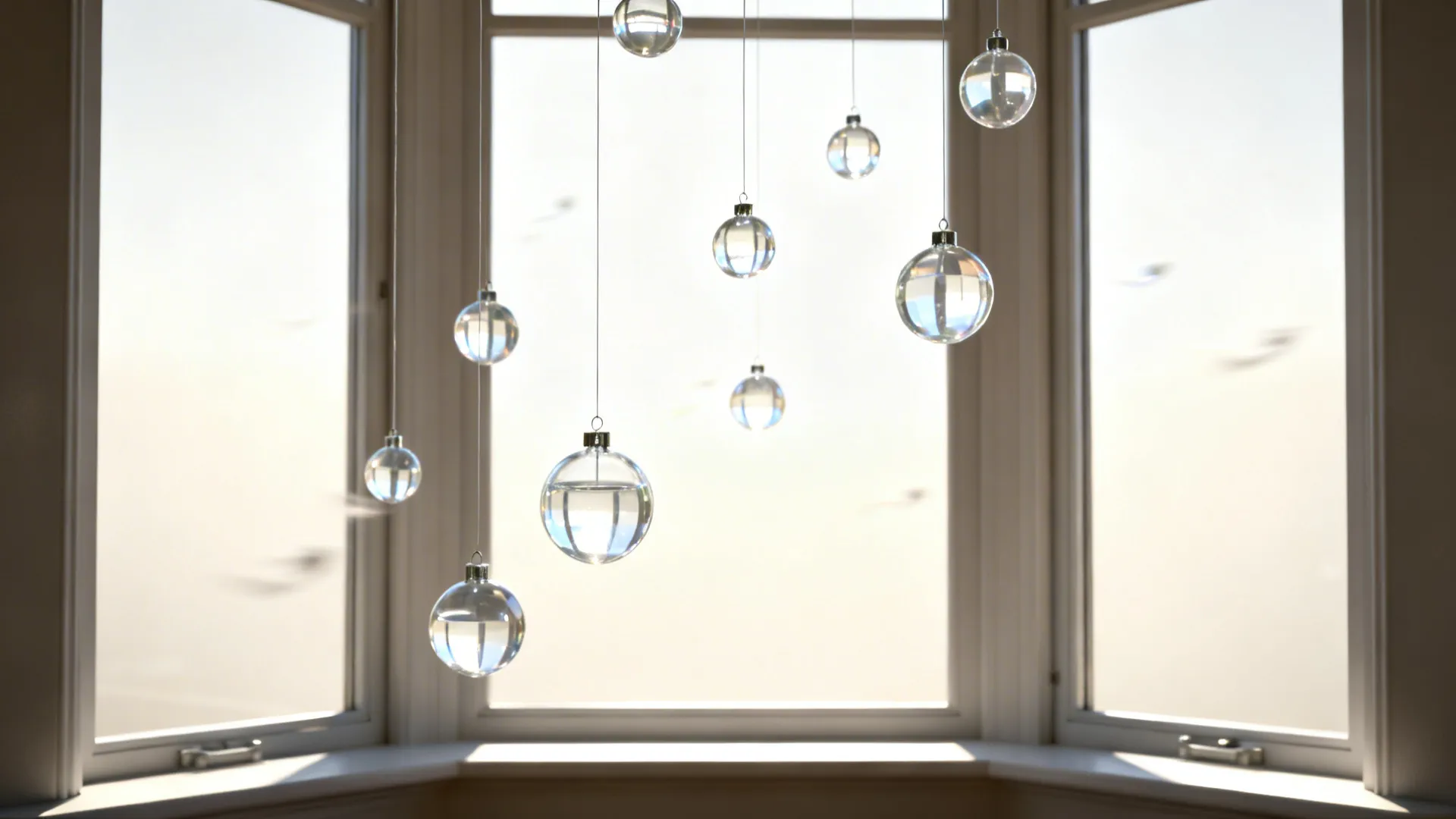 Clear glass and acrylic baubles suspended at different heights in a bay window with natural light.