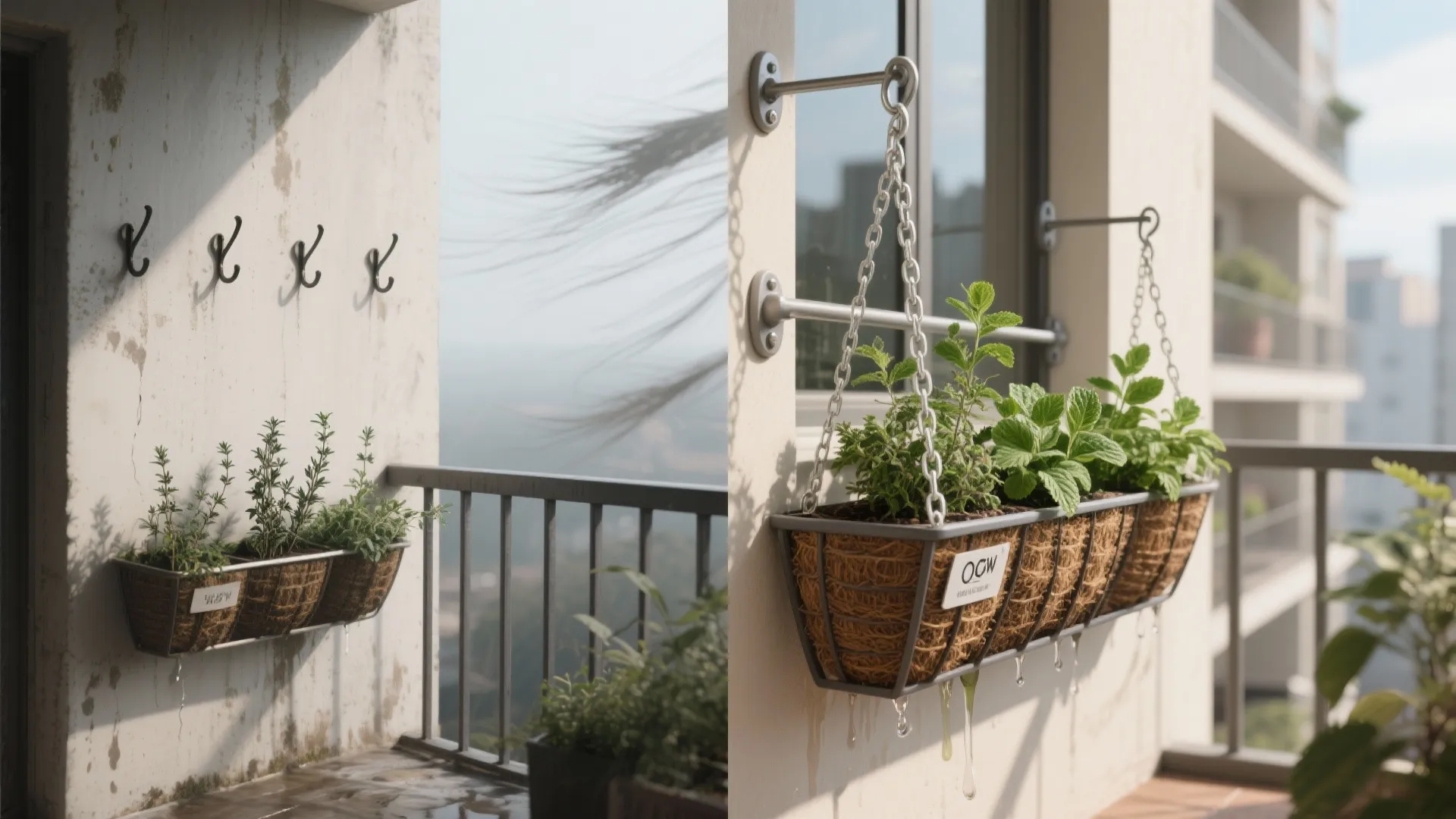Hanging Planters with Drip Trays for Windy Balconies