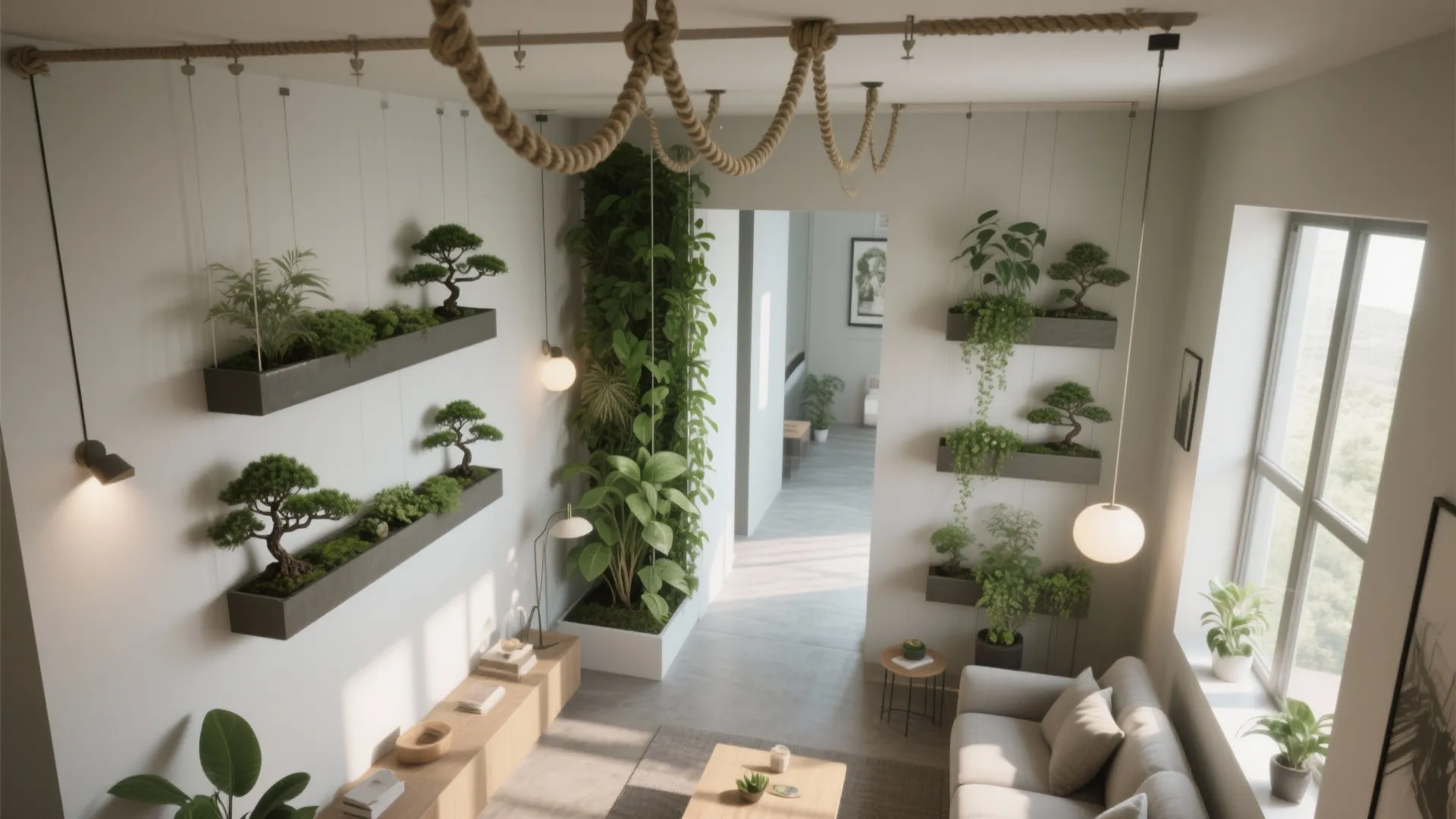 Modern living room featuring wall mounted plants with sofa and wooden furniture in bright sunlight