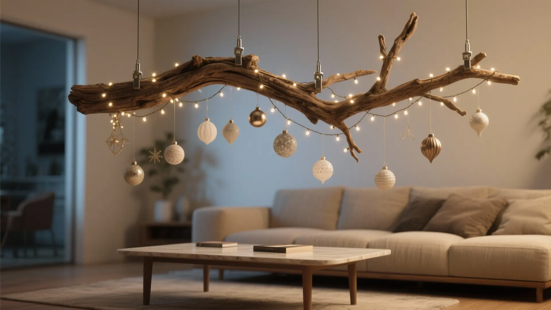 Large hanging tree branch decorated with Christmas ornaments above a marble coffee table and sofa