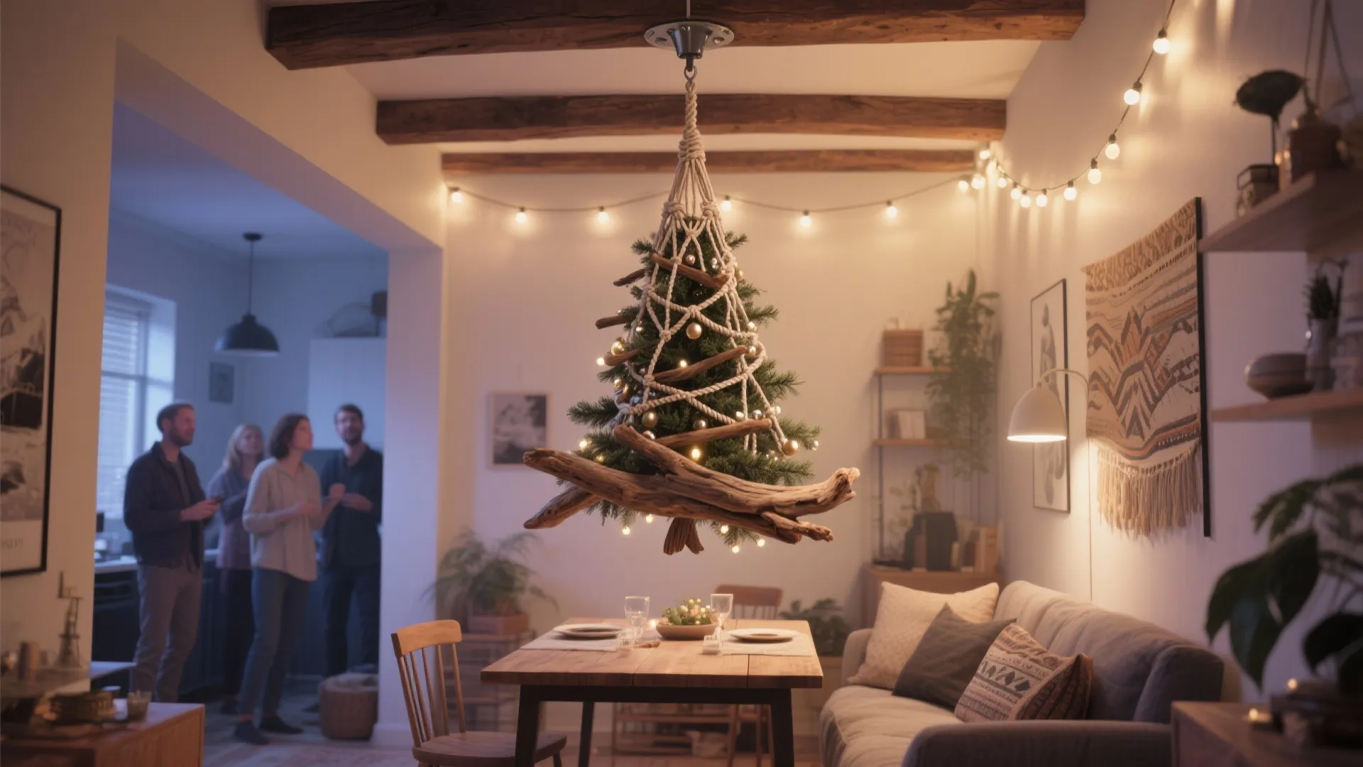 Floating Christmas tree made from driftwood and macramé suspended above a dining table in a small apartment.