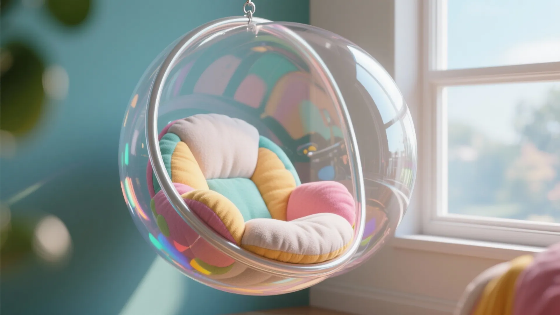 Clear round hanging chair with colorful pillows inside near a window with bright soft natural sunlight