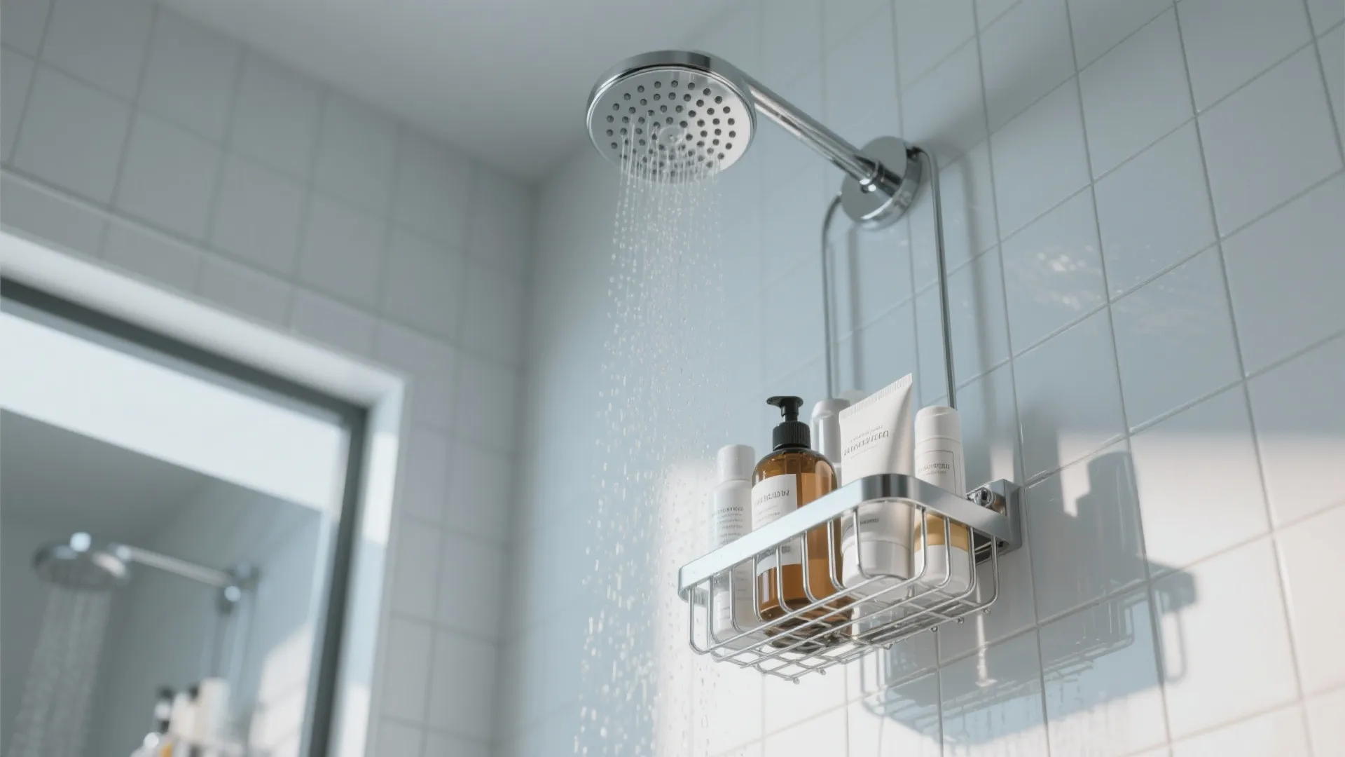 Close up of silver shower head with metal basket holding shampoo bottles on white wall