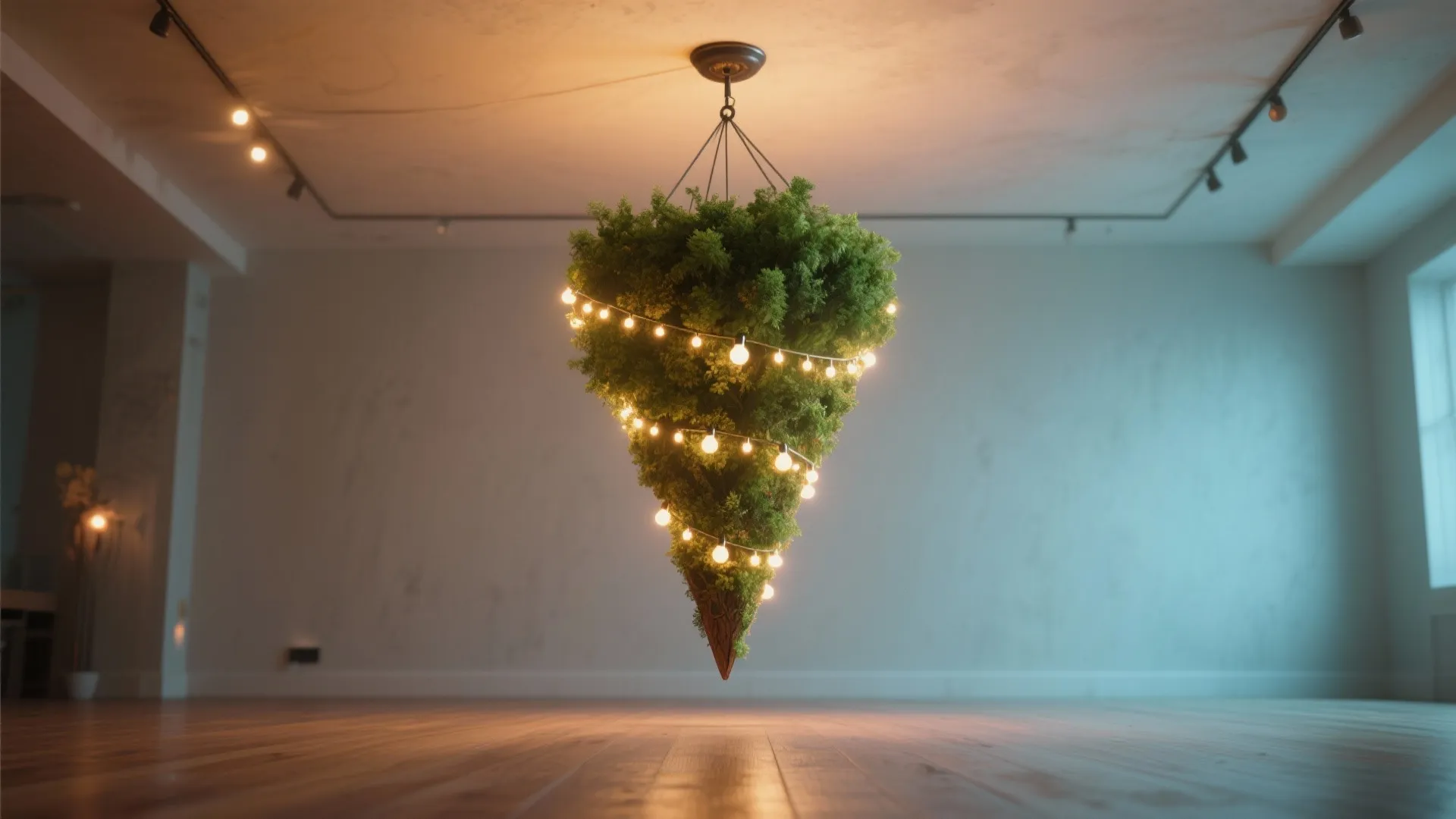 Inverted Christmas tree hanging from the ceiling decorated with warm glowing lights in empty room