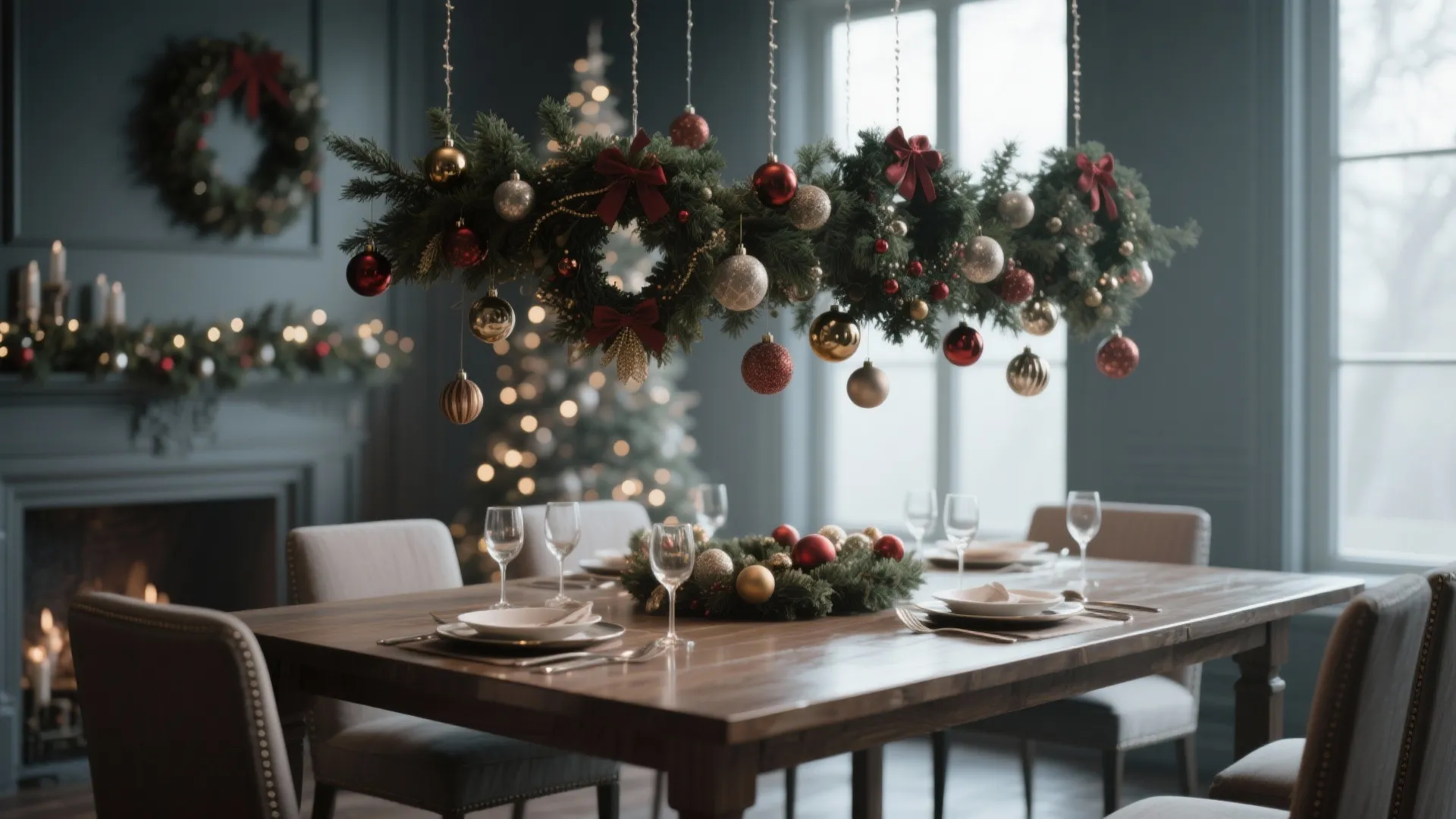 Festive dining room with hanging holiday greenery ornaments above a table set for Christmas dinner