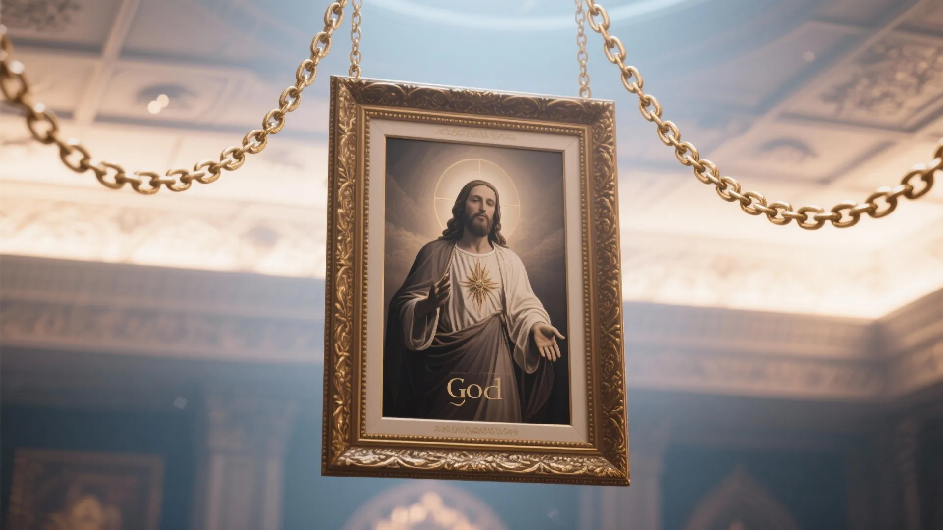 Religious portrait in a gold frame hanging by metal chains inside a large decorated room
