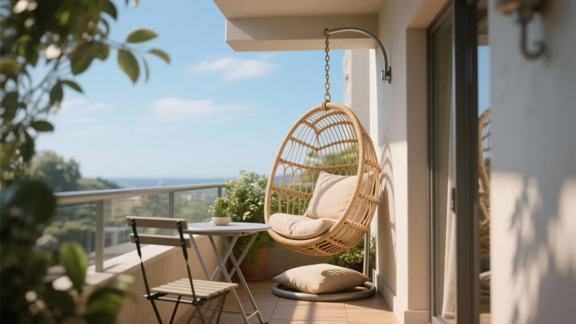 Sunny balcony featuring a hanging egg chair small dining table folding chair and scenic outdoor view
