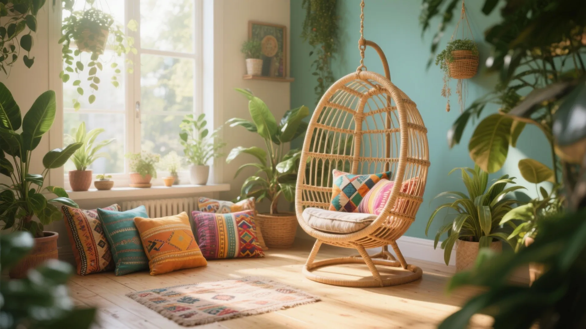 Bohemian living room corner with wicker hanging chair colorful floor pillows green plants and wooden floor