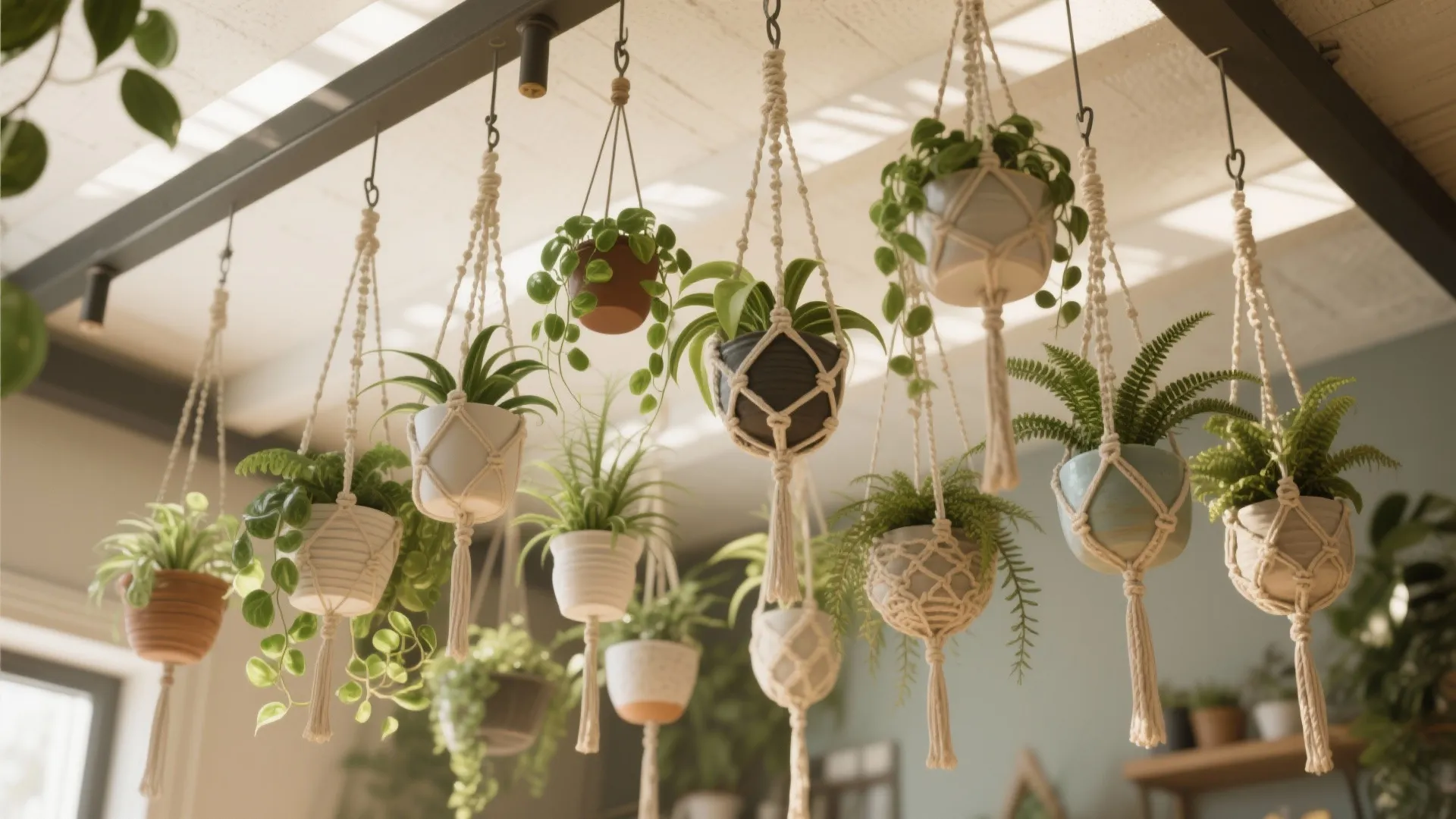 Many green indoor plants hanging from the ceiling in white rope holders near sunlit house window