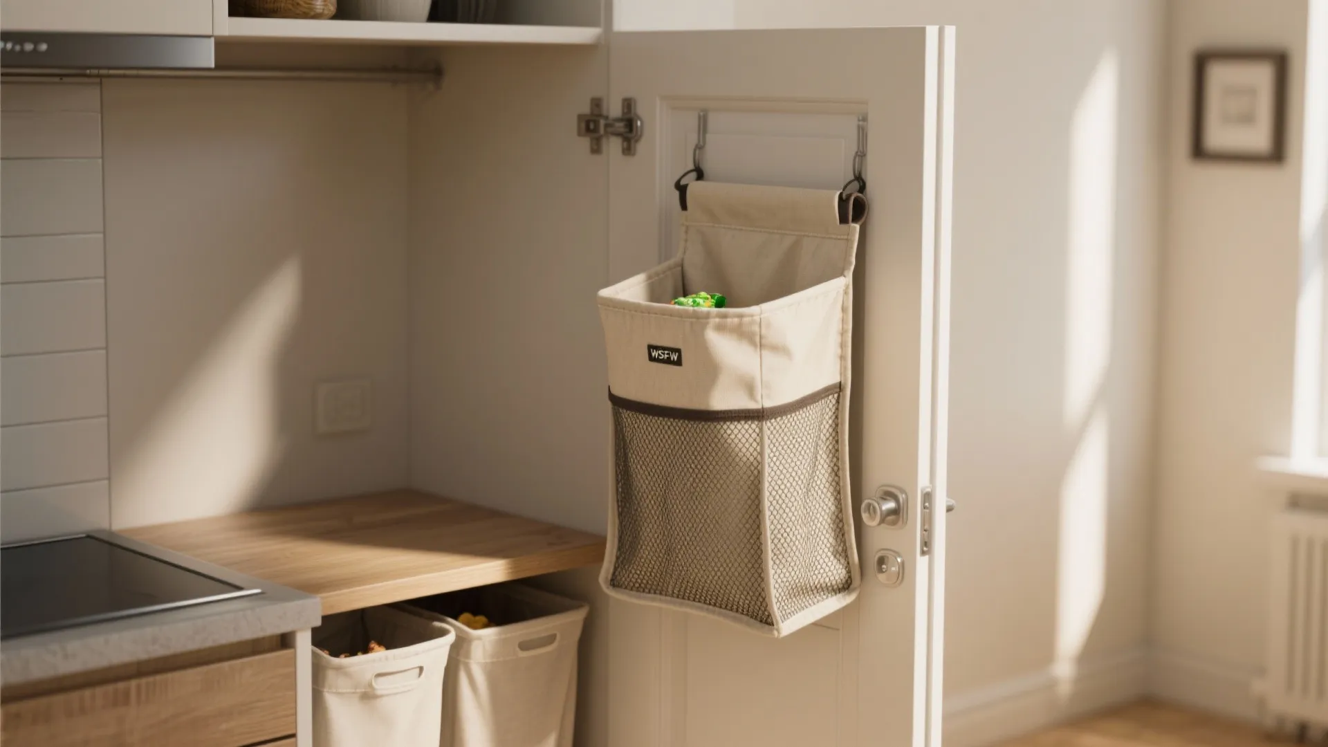 Collapsible and hanging hampers behind a pantry door and under a shelf.