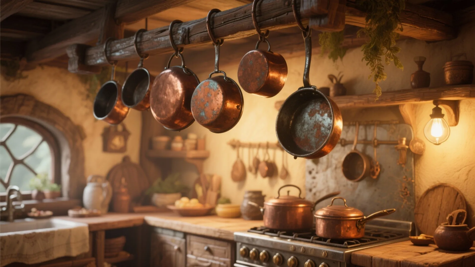 Vintage kitchen scene with several copper pots hanging from a wooden beam above a stove oven