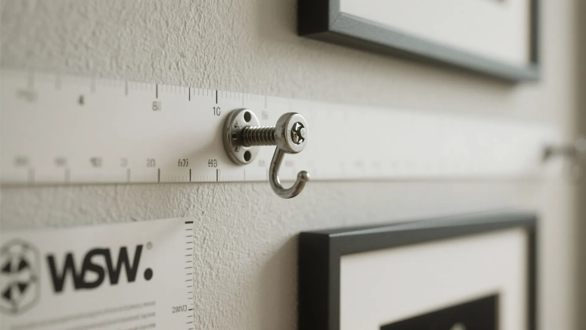 Close up of a metal wall hook and ruler used for hanging framed pictures correctly