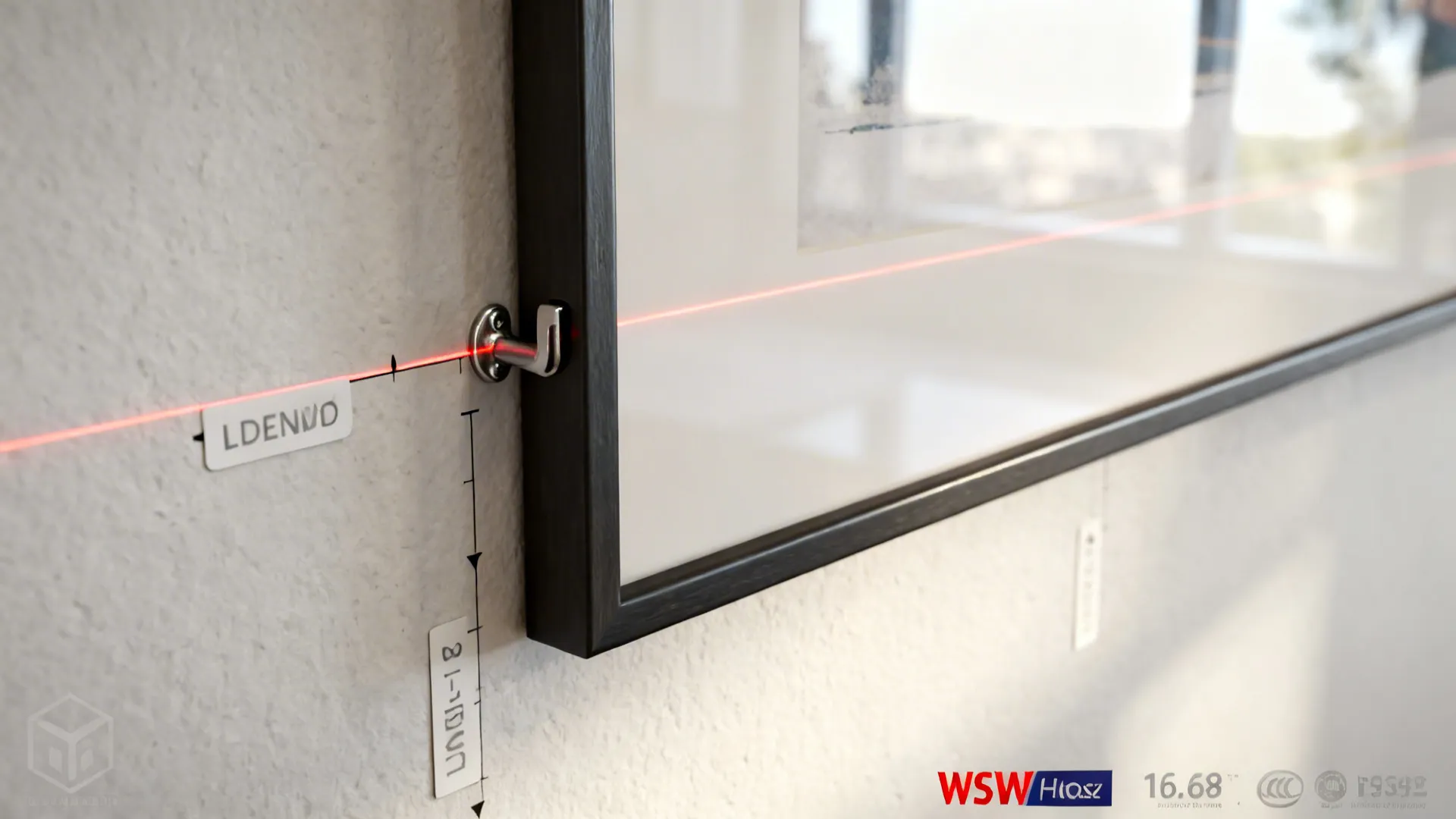 Close up view of picture frame being aligned on a wall using a red laser
