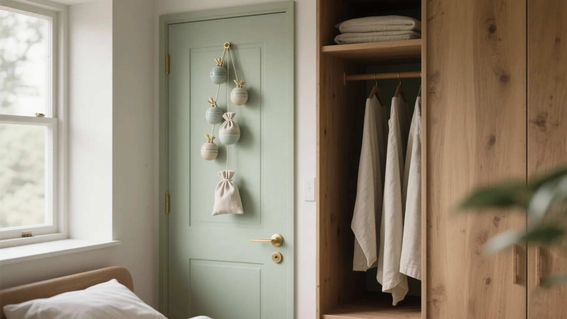 Wardrobe area with linen sachets and ceramic hanging pods clipped high to disperse scent evenly in a small room.