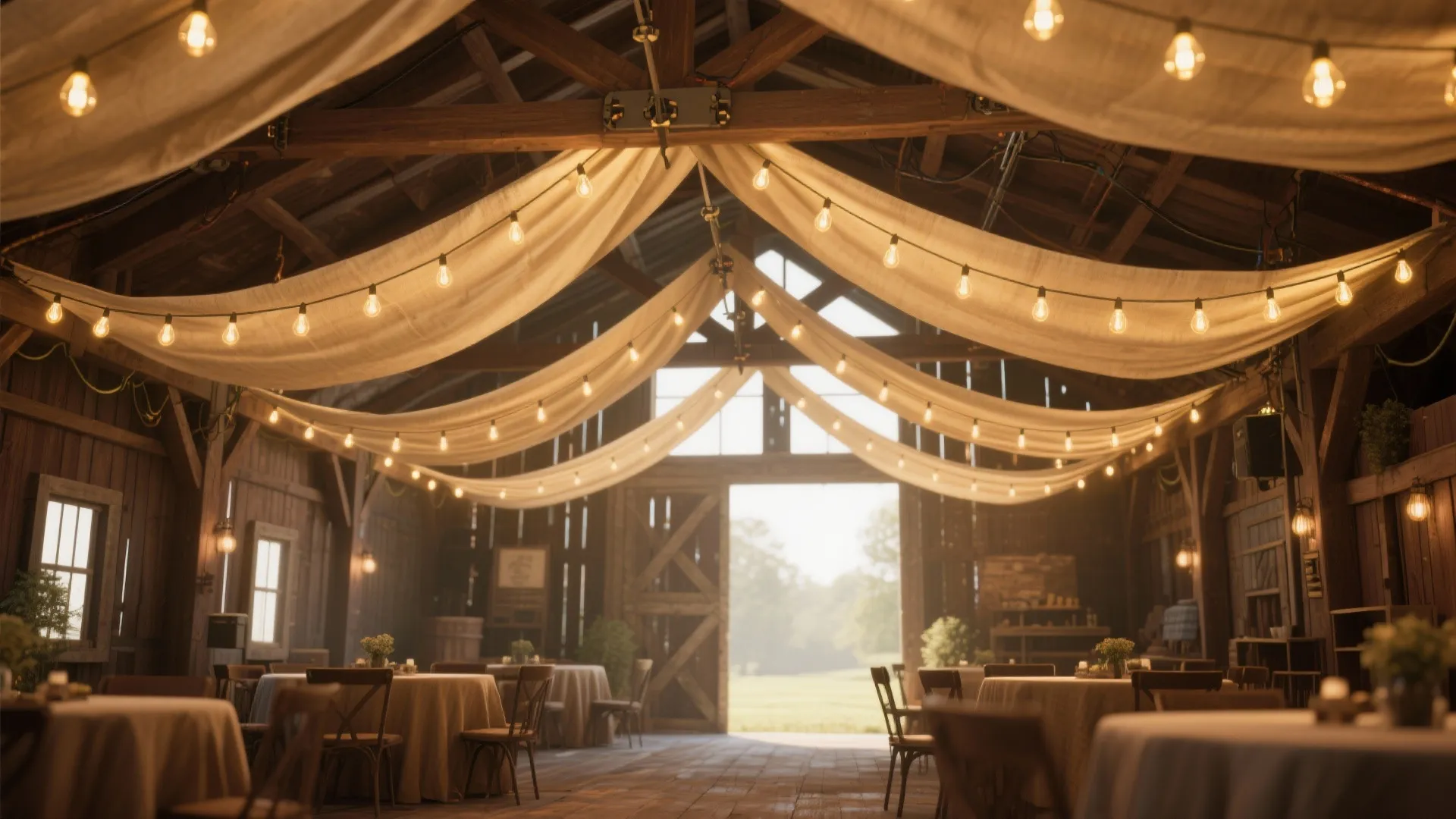 3. Hanging Edison Bulbs and Fabric Drapes