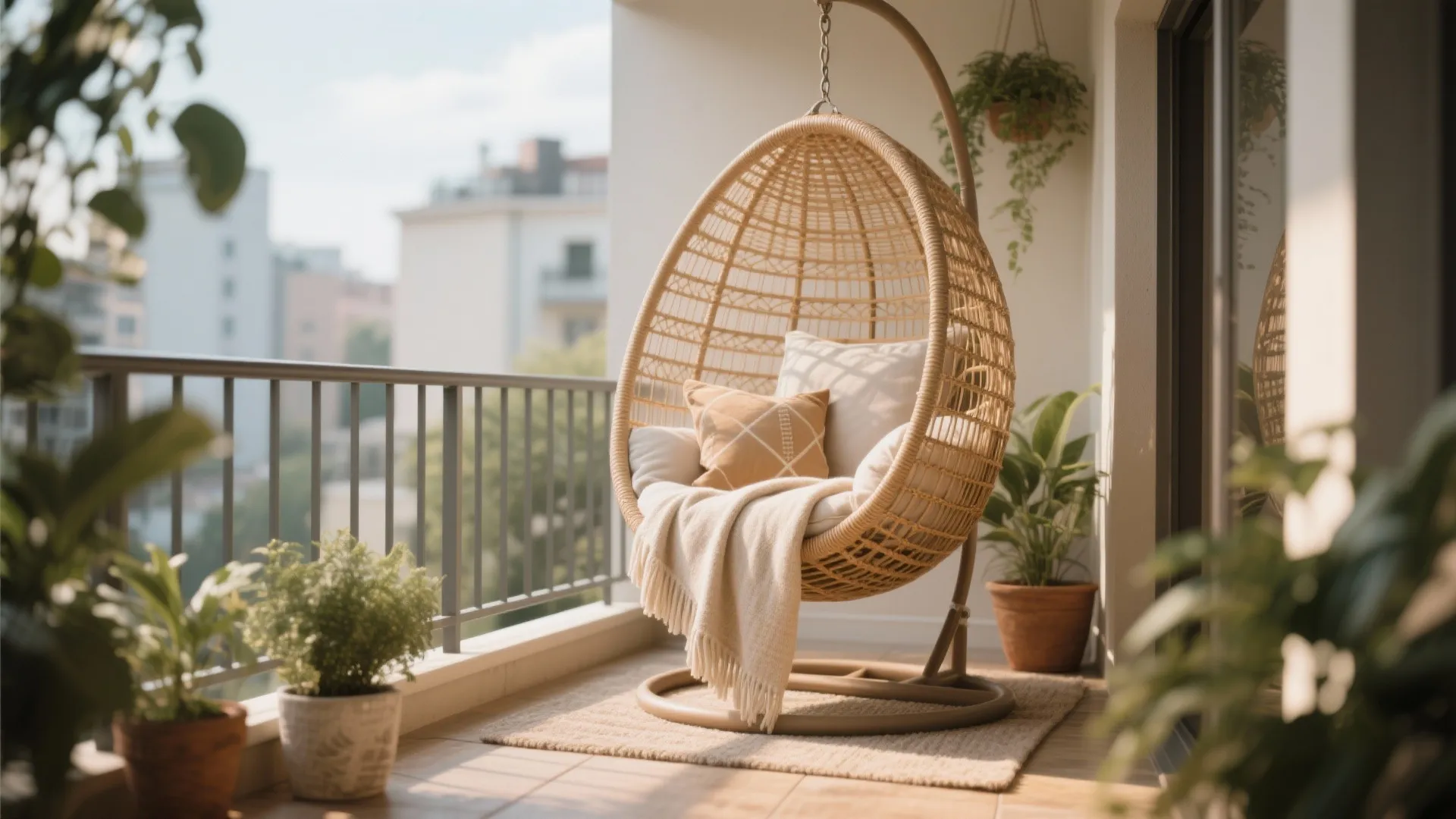 Woven hanging chair with soft pillows and blanket on a sunlit balcony with green plants