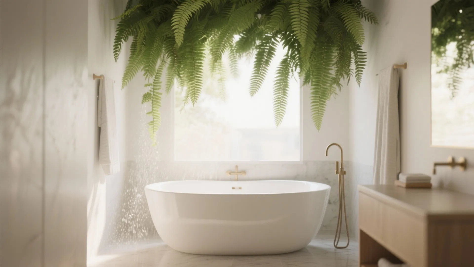 Modern white bathroom with large oval bathtub hanging green plants gold hardware and bright window light