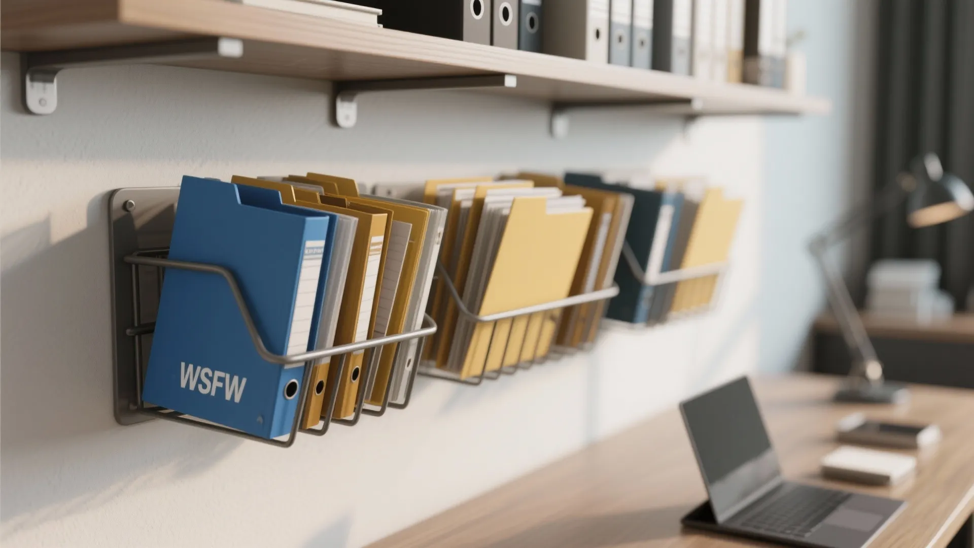 Wall mounted metal file racks holding blue and yellow folders above a wooden office desk