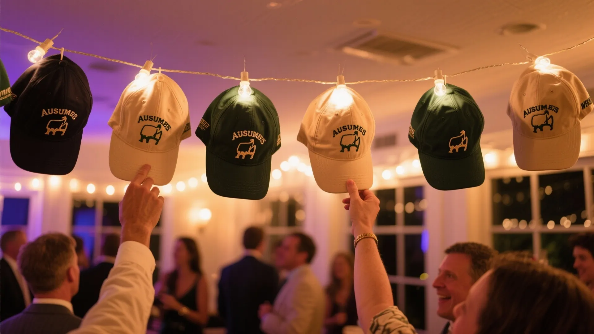 Vintage and Masters golf caps hanging above party space