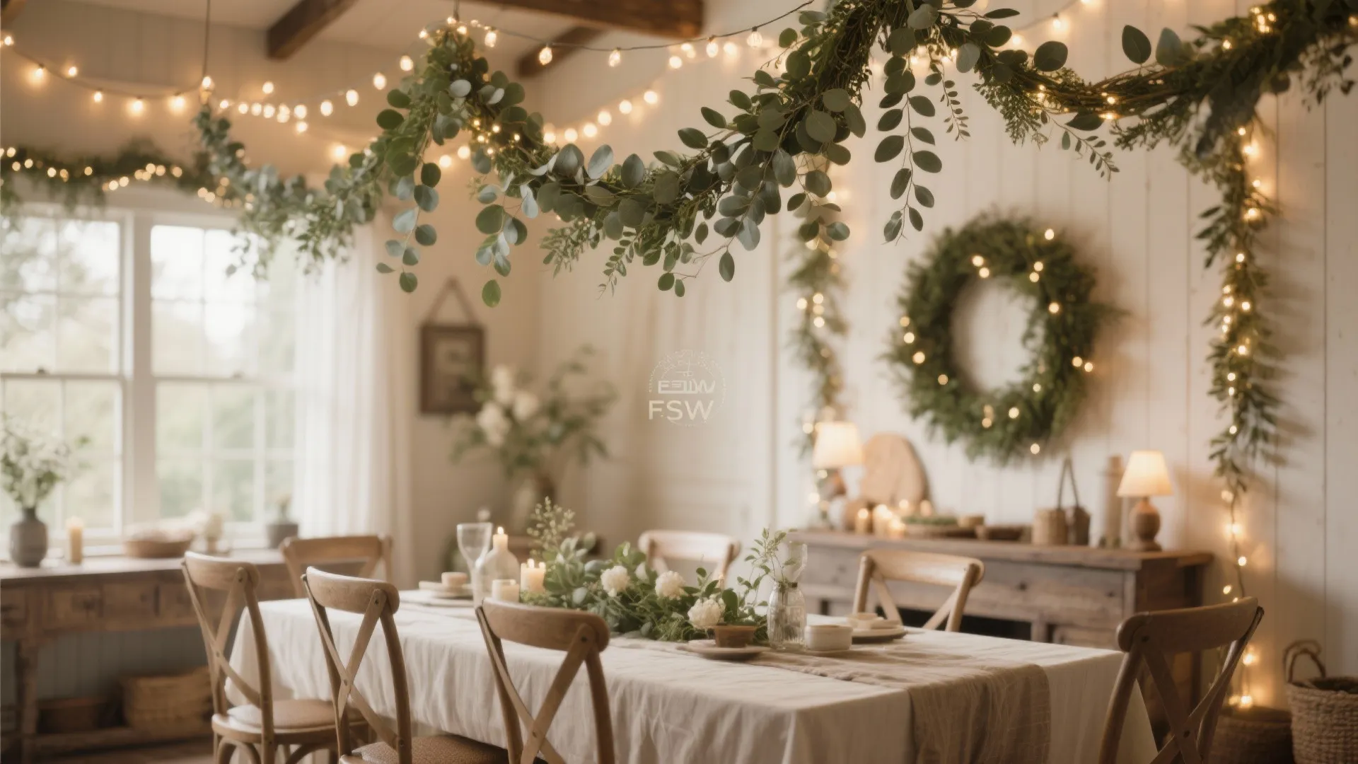 Dining table decorated with white flowers and green leaves hanging from the ceiling with lights