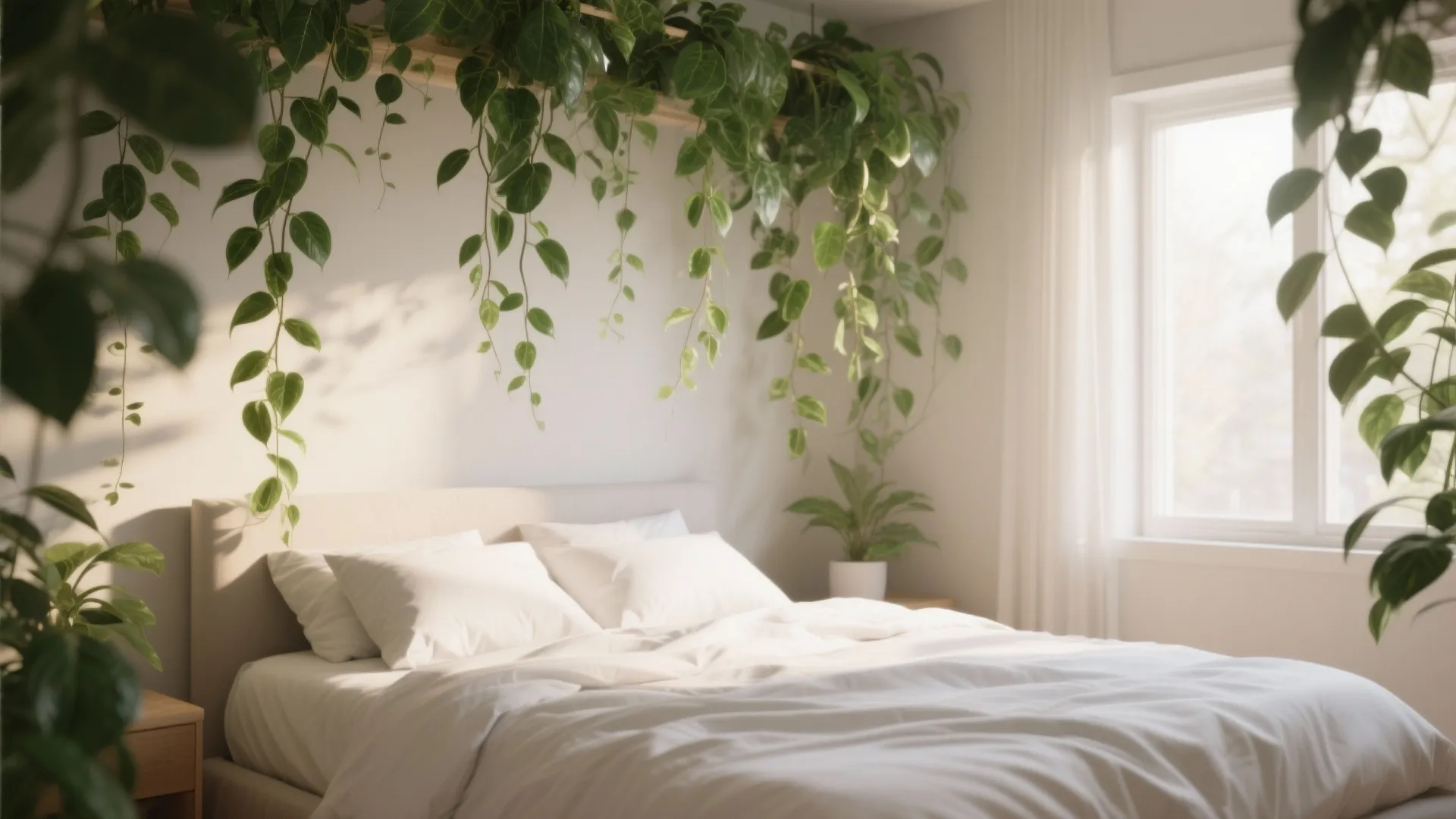 1. Hanging greenery above the bed