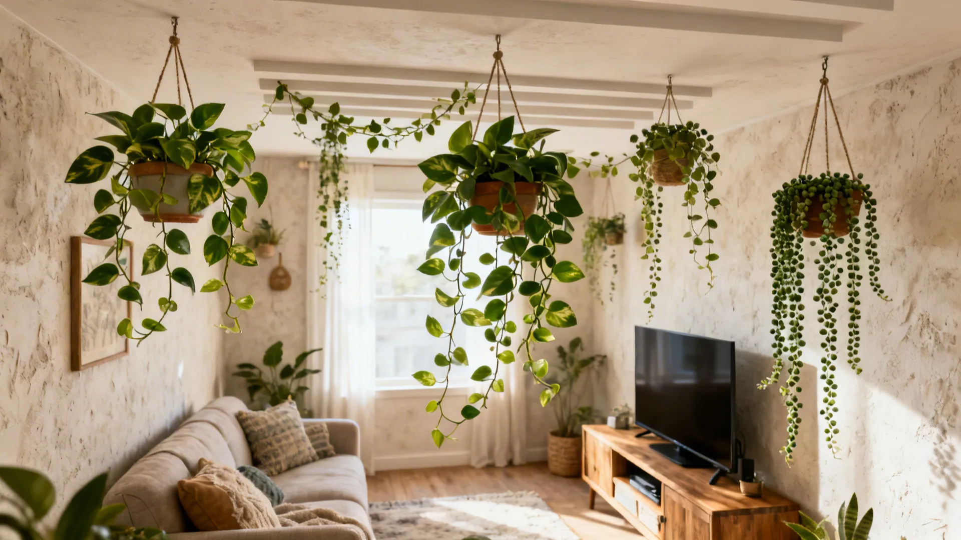Hanging artificial trailing plants above a sofa and media console in a small living room.