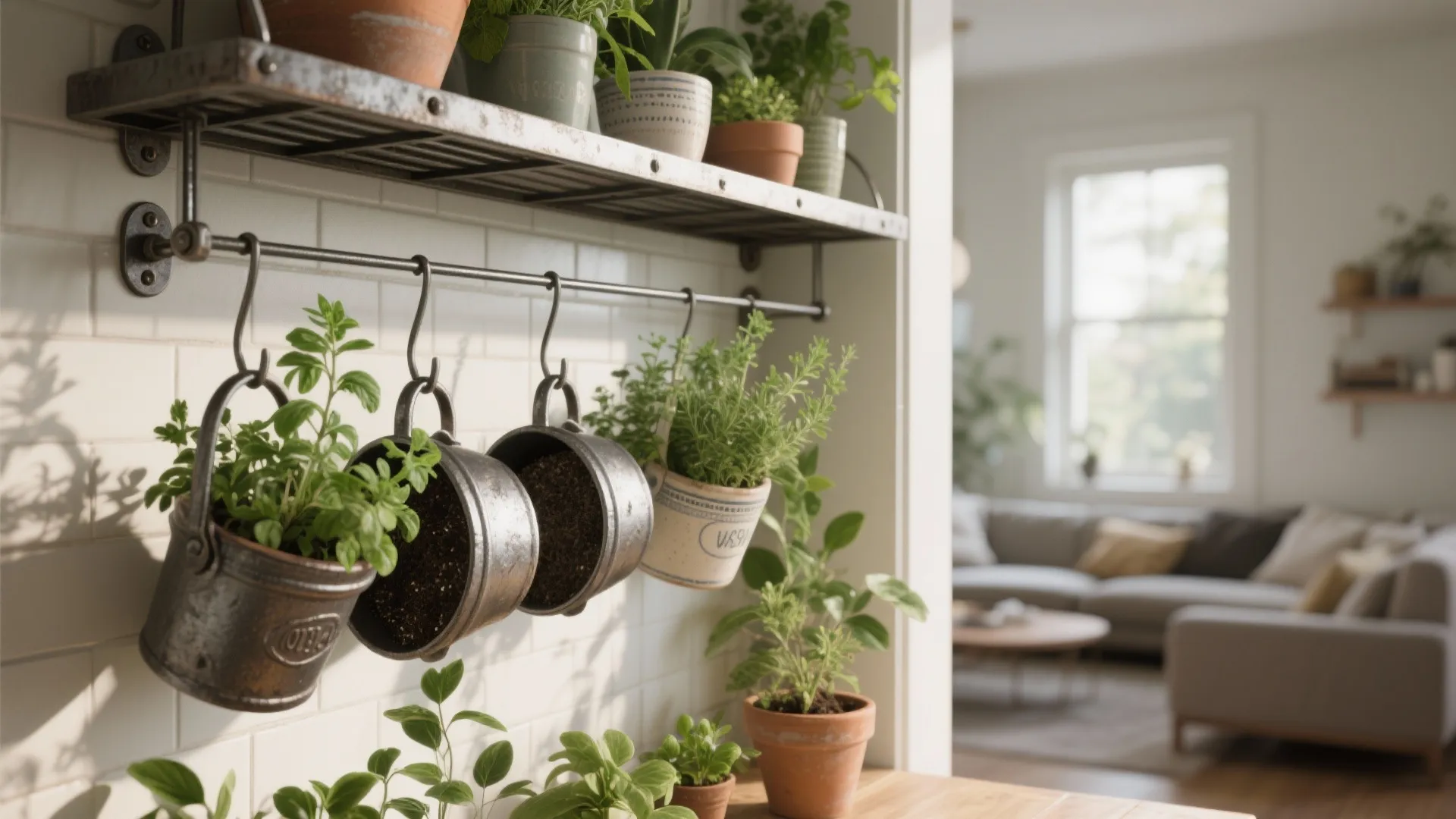 5. Hanging pot rack / green wall as a visual divider