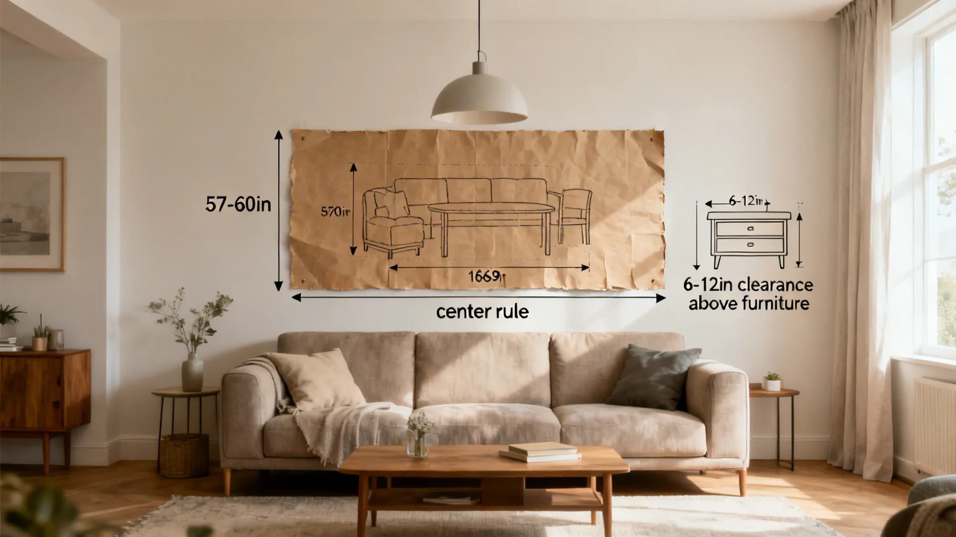 Visual guide for hanging art: recommended center height and spacing above furniture.