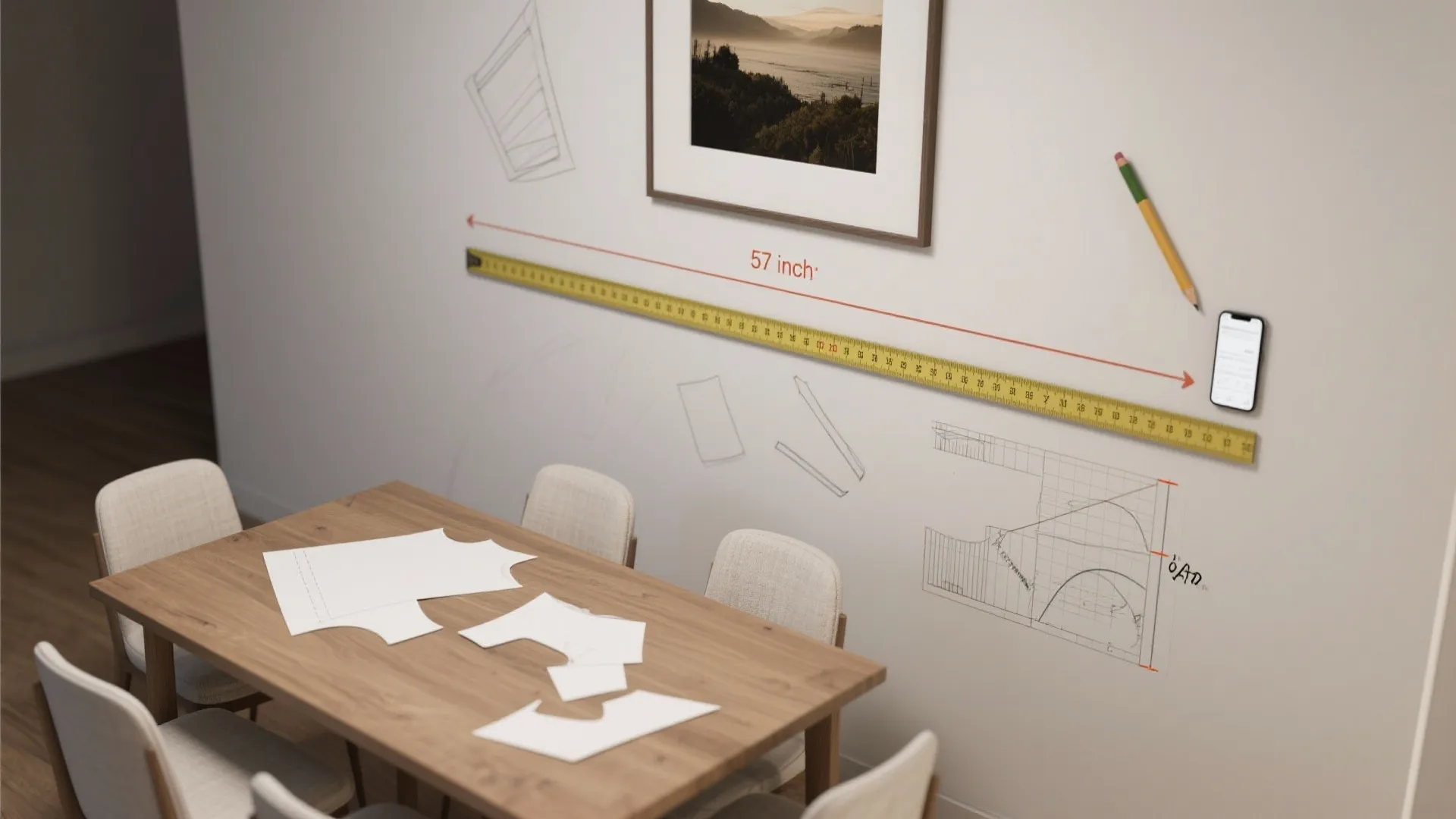 Tape measure measuring wall height with pencil and phone next to a framed picture frame