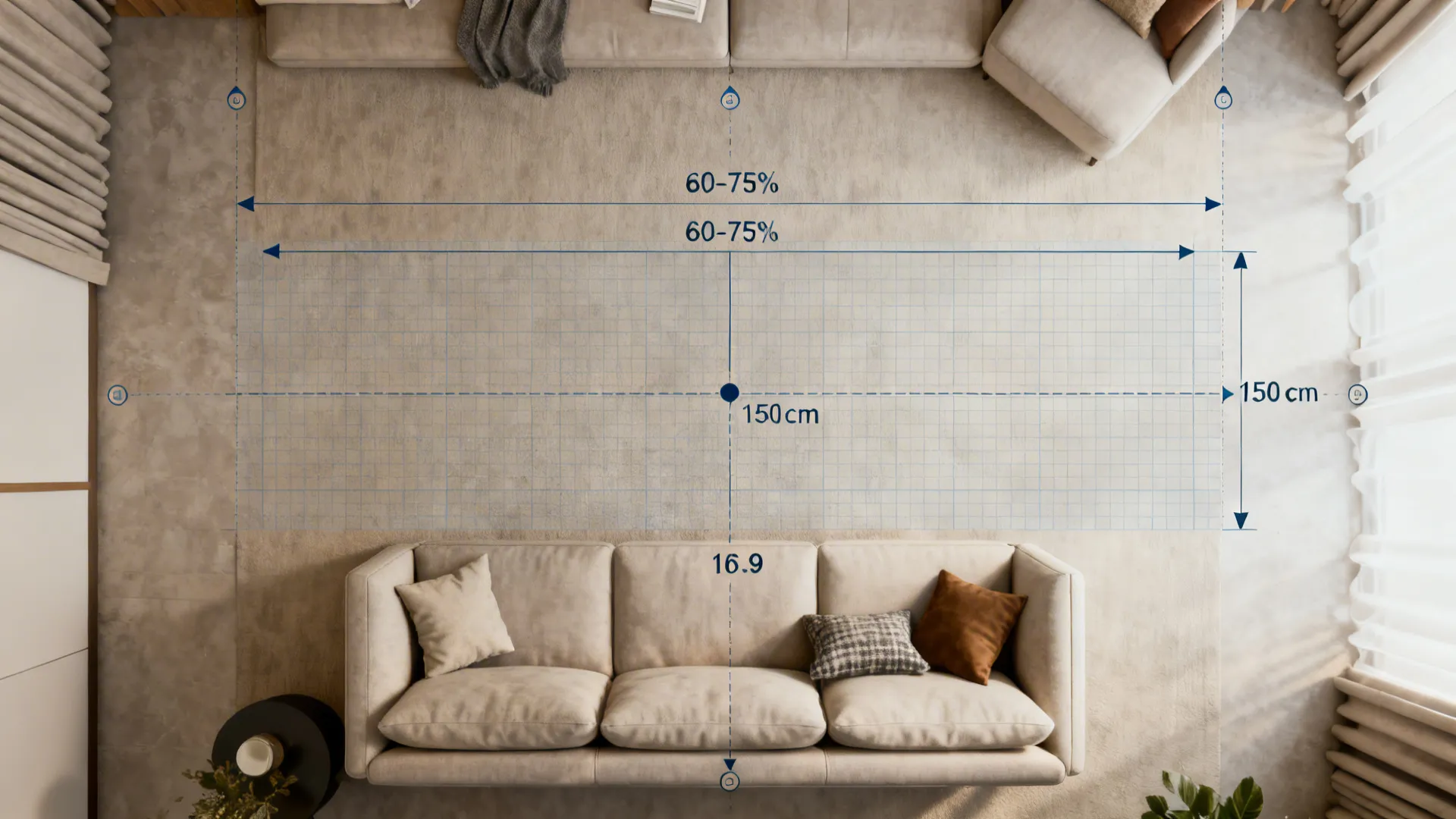 Top-down instructional mockup showing art sizing and height guidelines above a sofa