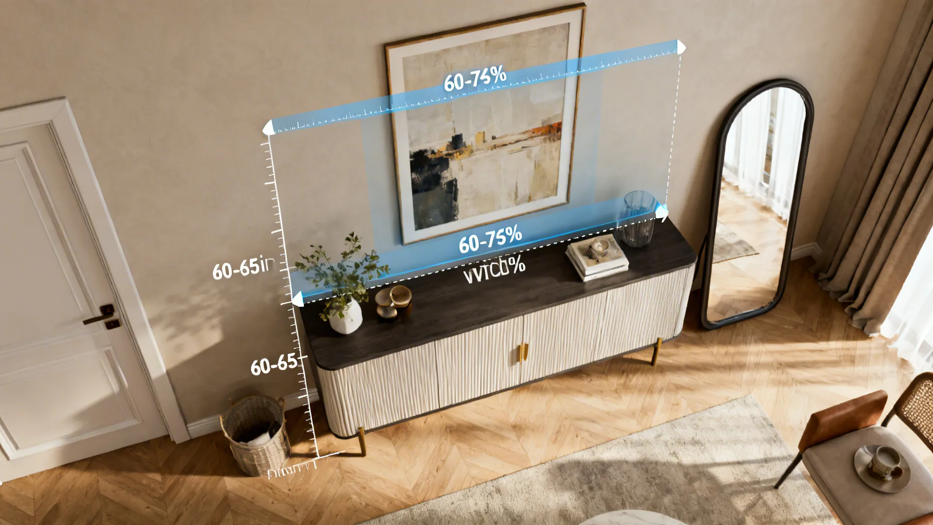 Top-down visual guide showing art hanging heights and sizing rules for dining rooms.