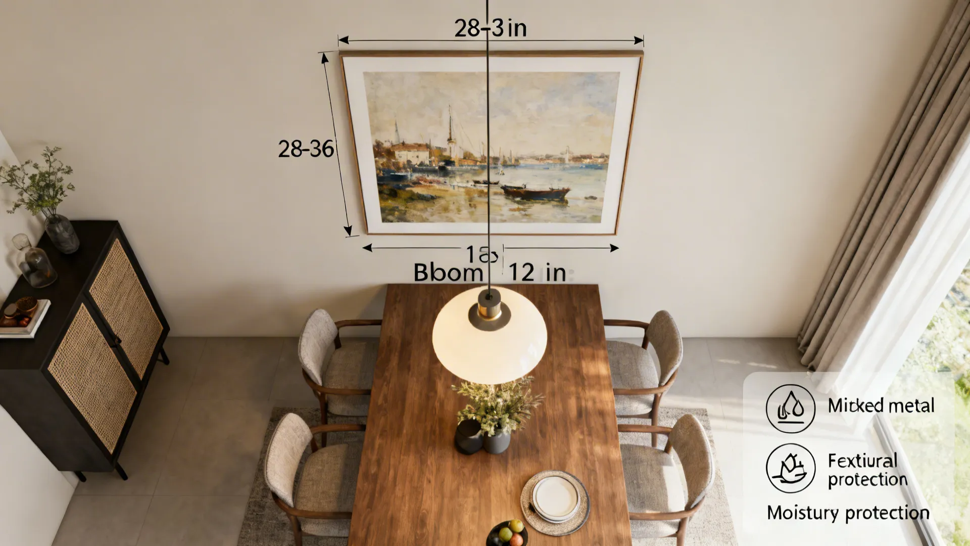 Top-down diagram showing art hanging heights and placement tips for a dining room.