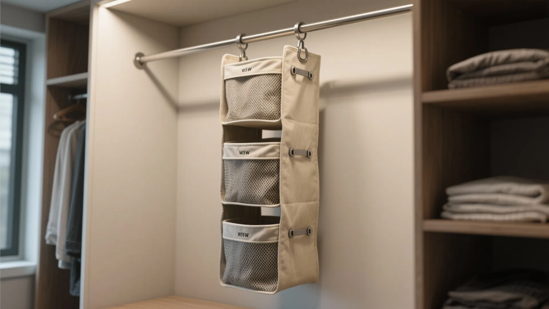 Beige hanging storage bag with three mesh pockets hanging on a metal rod inside closet