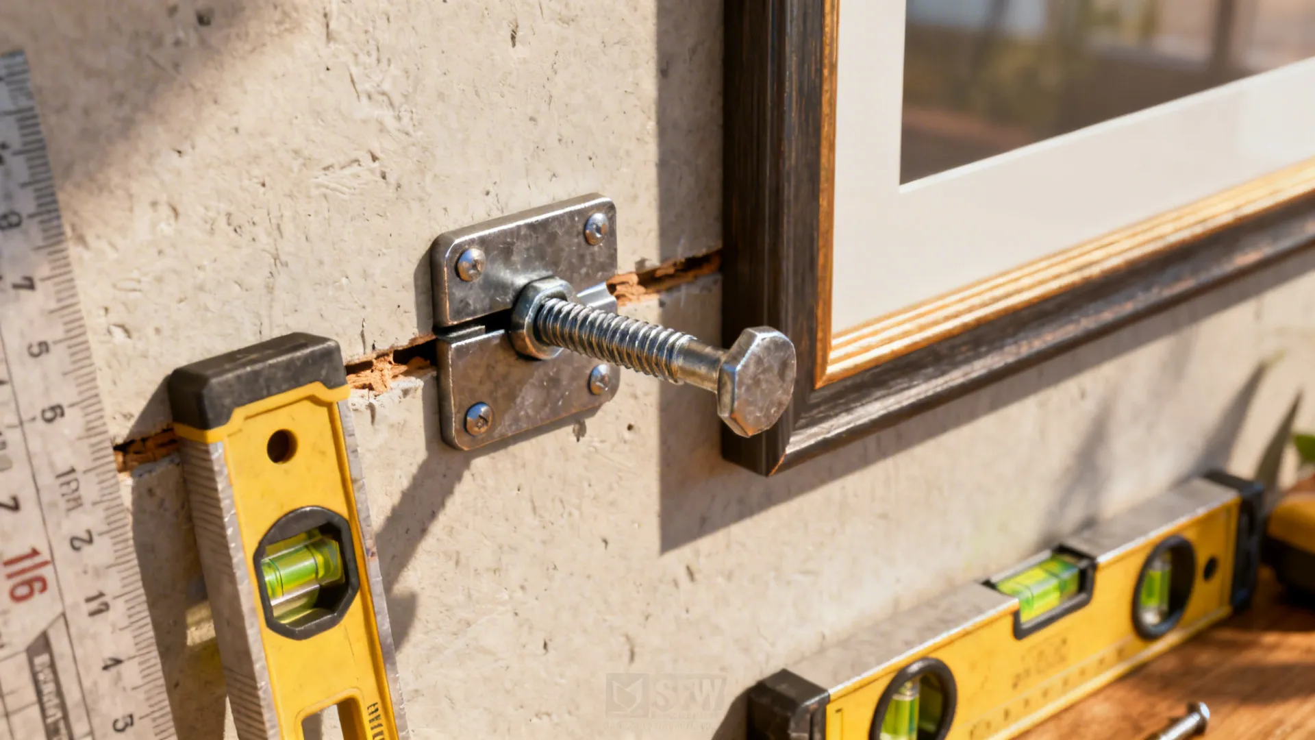 Close-up of a French cleat and wall anchor secured into a stud for hanging heavy artwork.