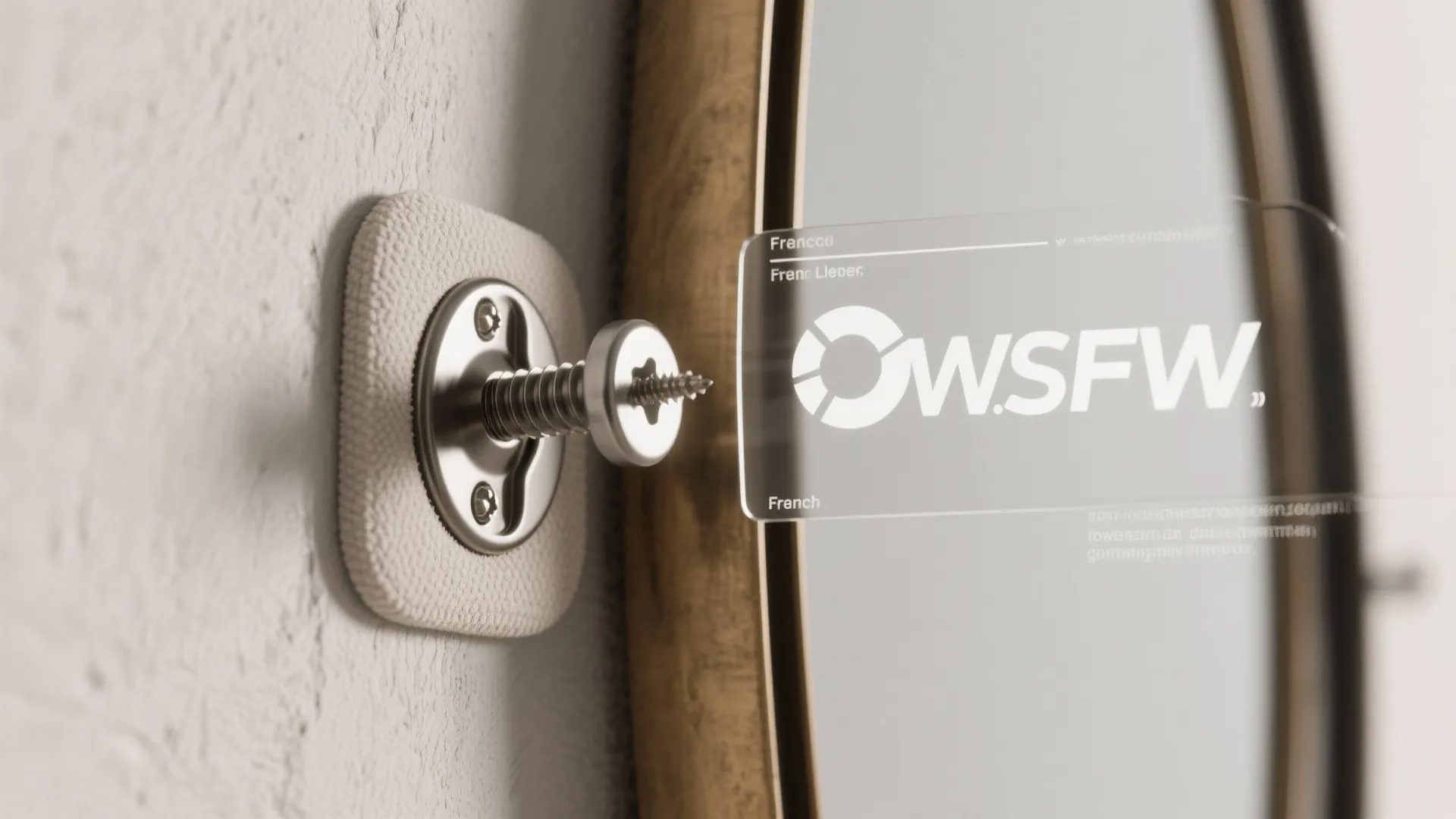 Close up view of metal wall mount screw and hardware used for hanging round mirror