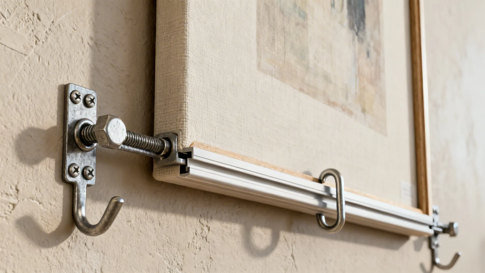 Close-up of heavy-duty wall anchors and picture rail hook supporting a large canvas.