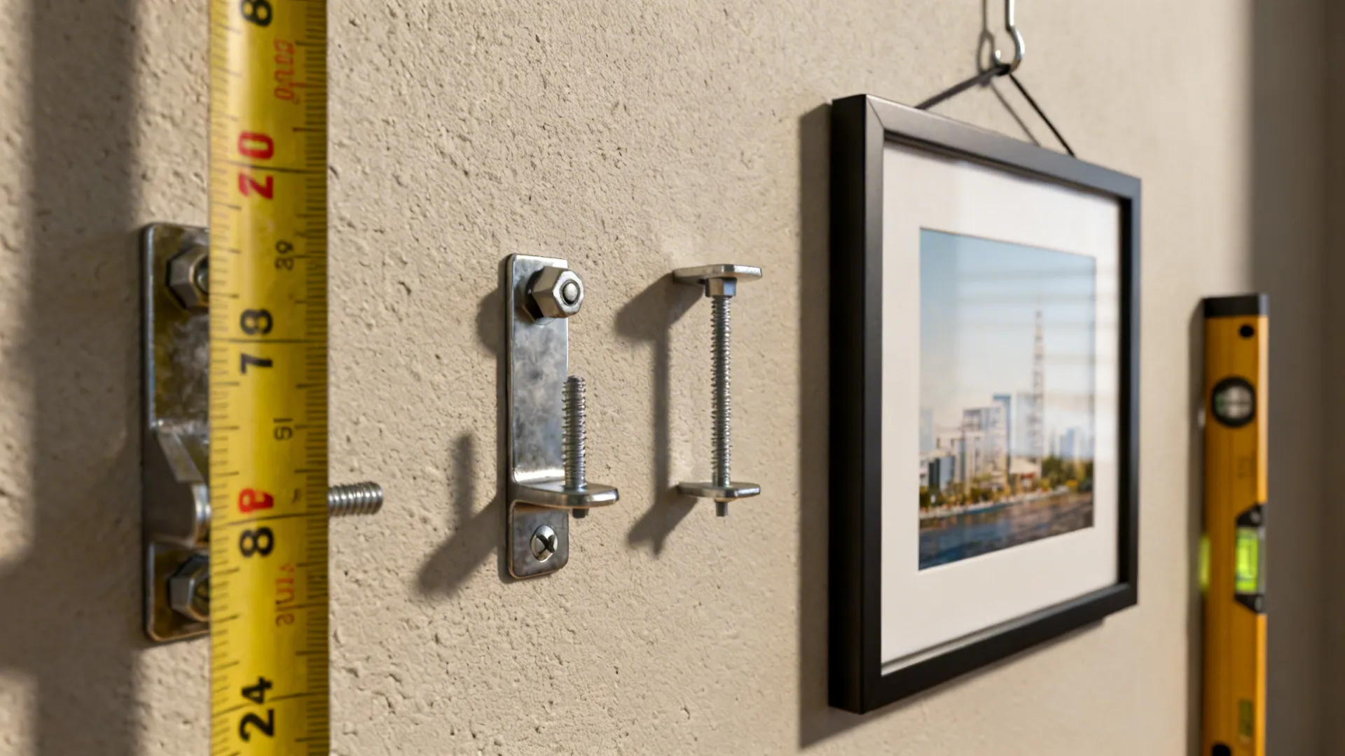 Close-up of hanging hardware, anchor and level beside a framed print illustrating proper hanging technique
