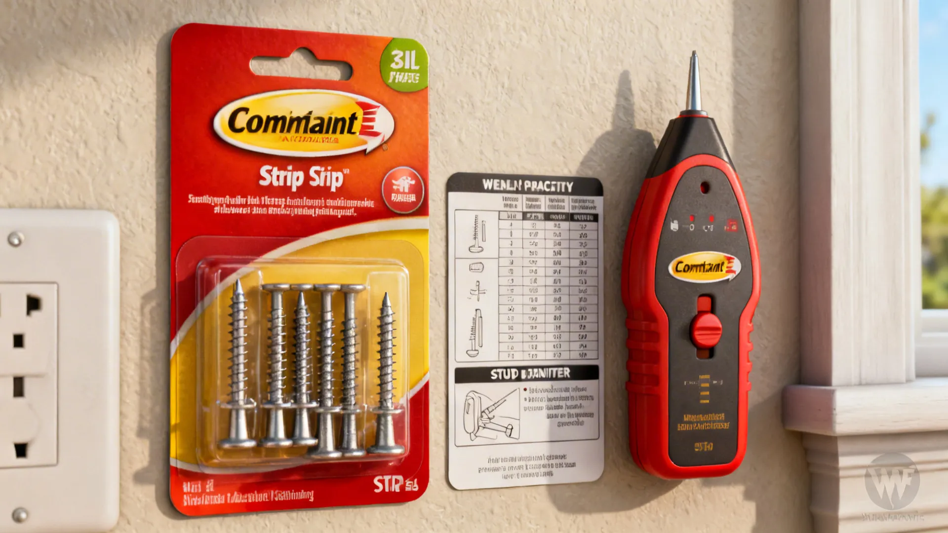 Wall anchors, command strips and a stud finder displayed with a simple weight guidance card