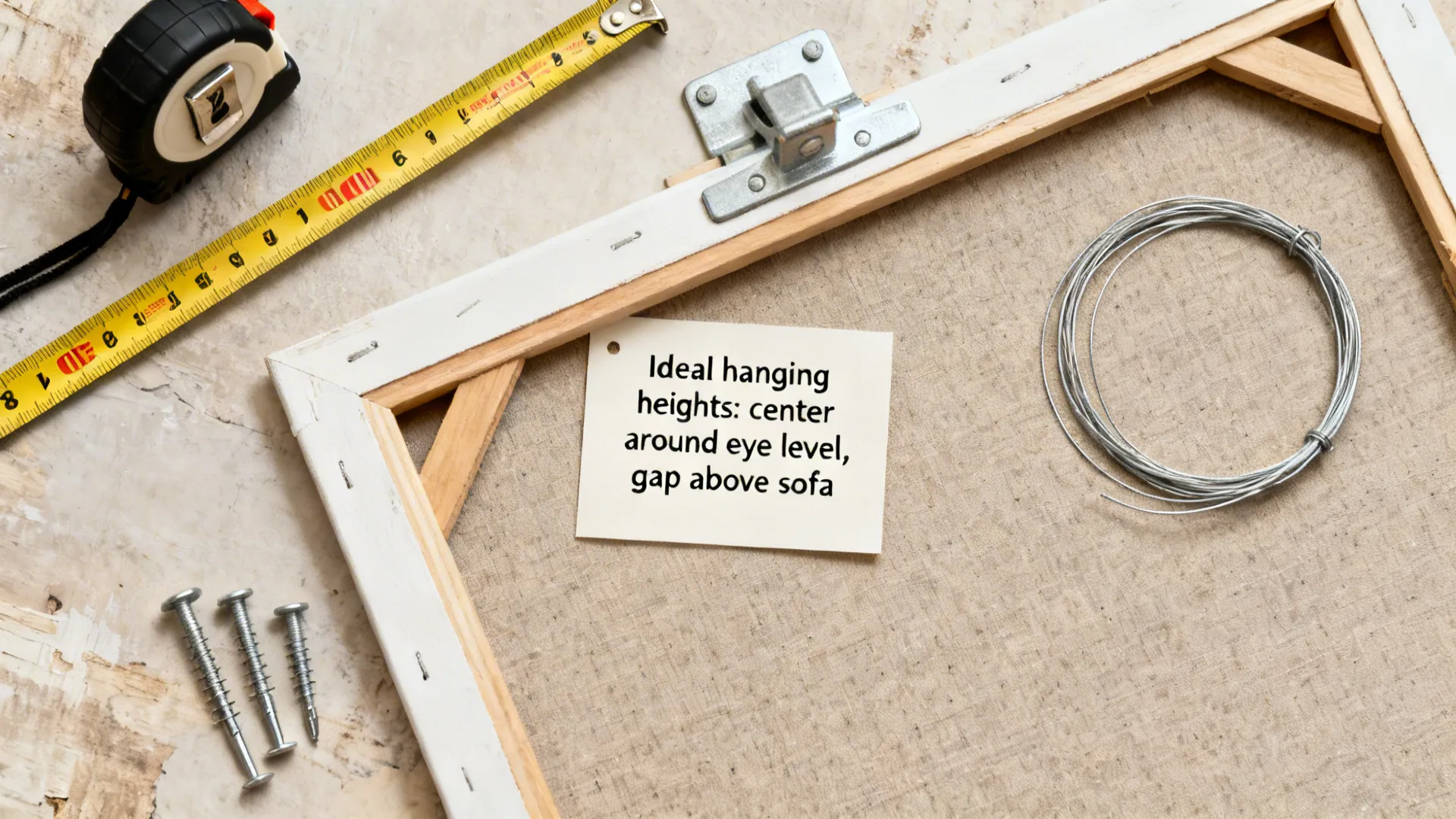 Top-down view of hanging hardware, anchors, and measuring tools for large wall decor.