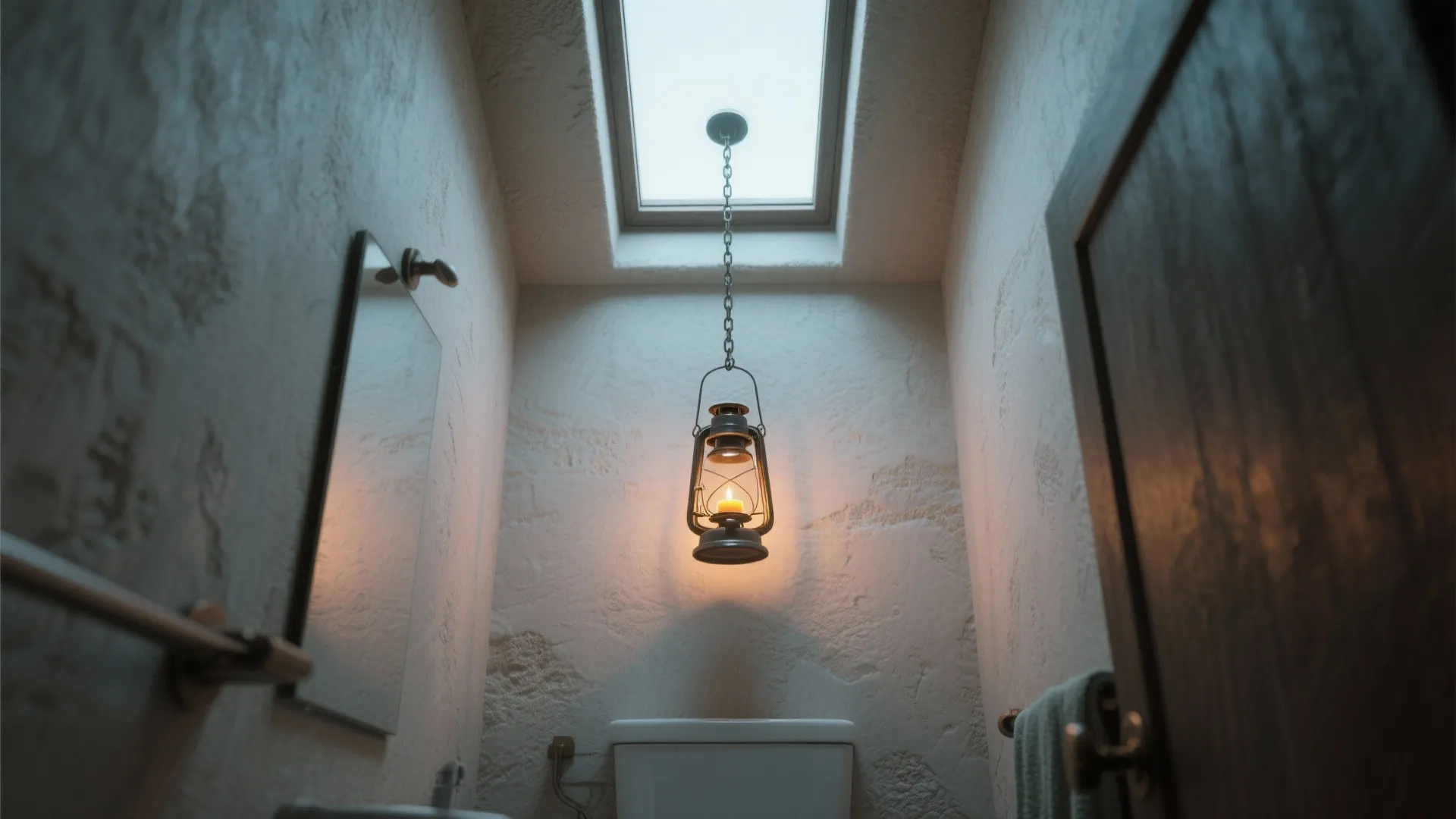 Small bathroom with a hanging light fixture below a roof window and a white toilet