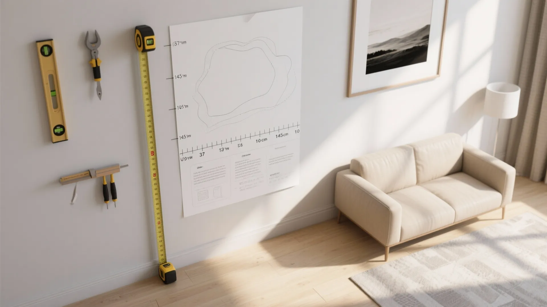 Top-down instructional view showing a tape measure at 57 inches, paper templates and tools for hanging art.